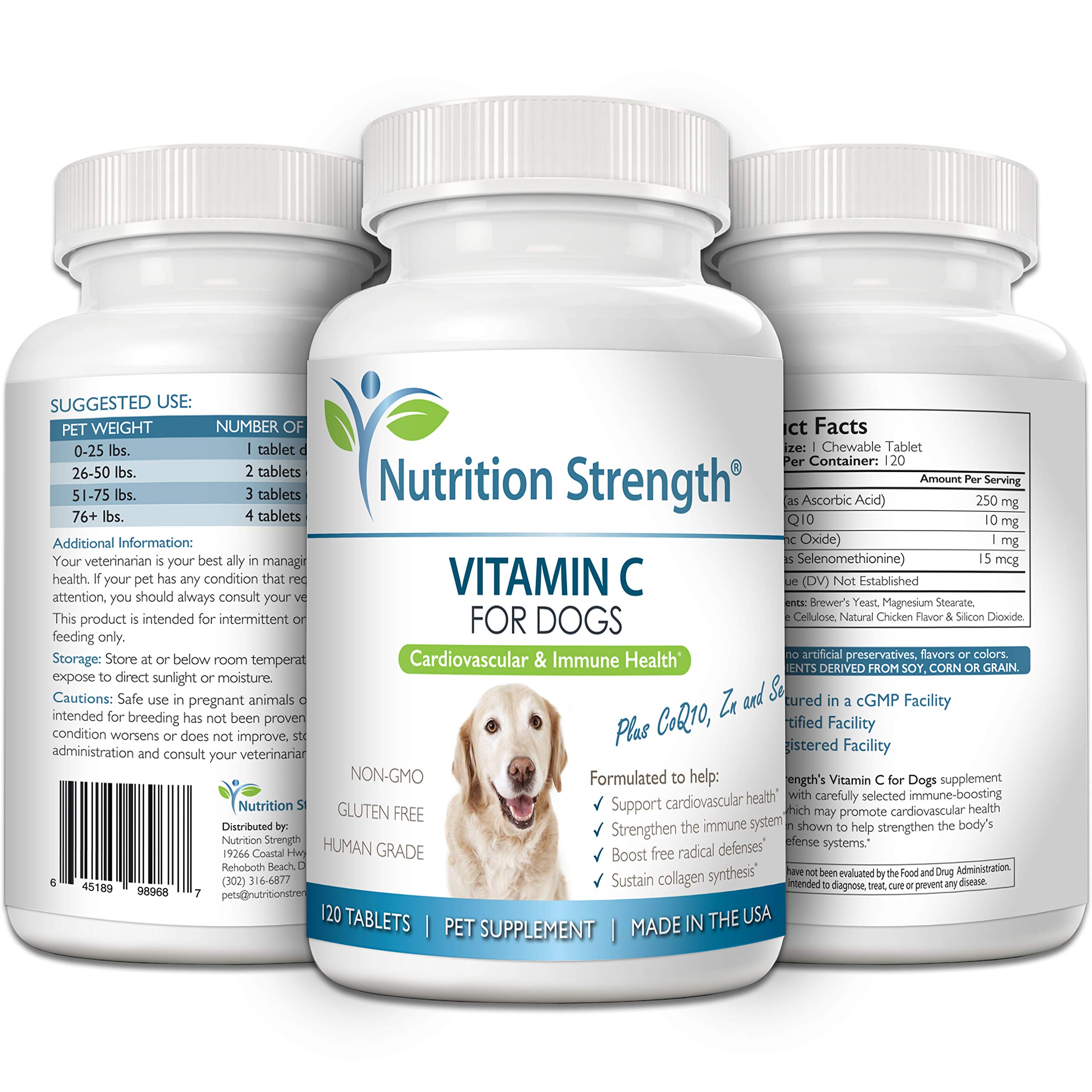 Nutrition Strength vitamin C for dogs tablets packaging underscores premium ingredients