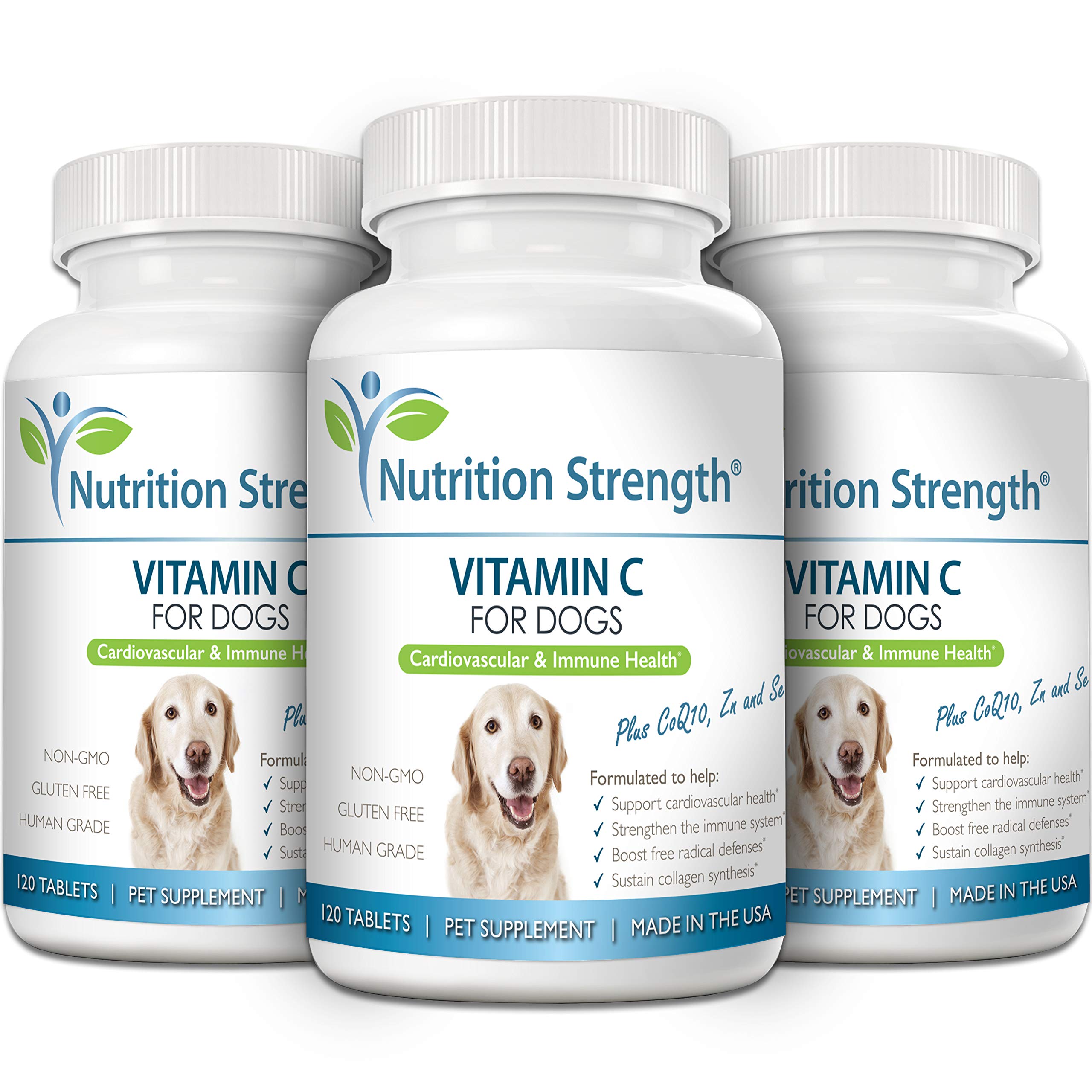Nutrition Strength vitamin C for dogs tablets pour image illustrates easy dosing