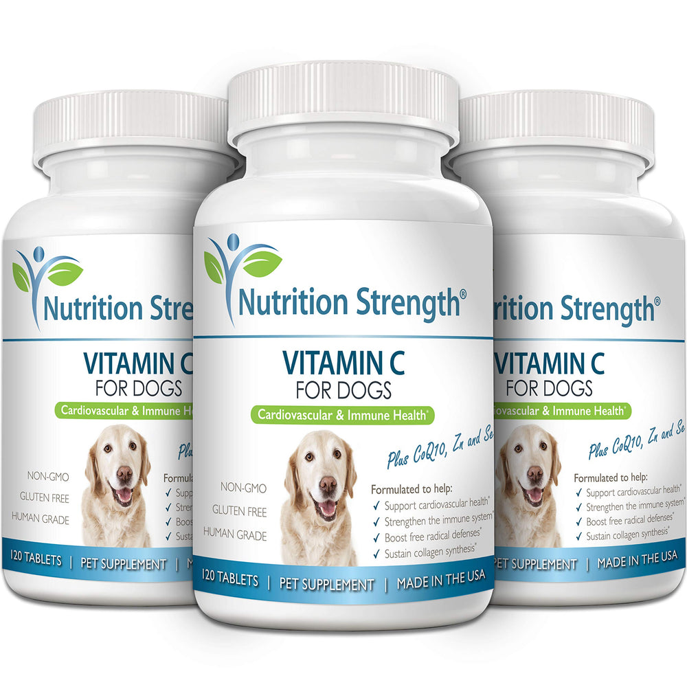 Nutrition Strength vitamin C for dogs tablets pour image illustrates easy dosing