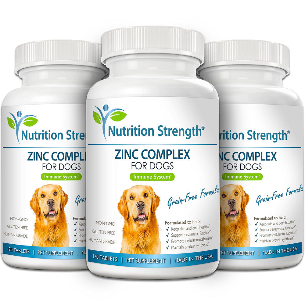 Nutrition Strength zinc for dogs biotin-selenium-vitamin E for enhanced coat quality.