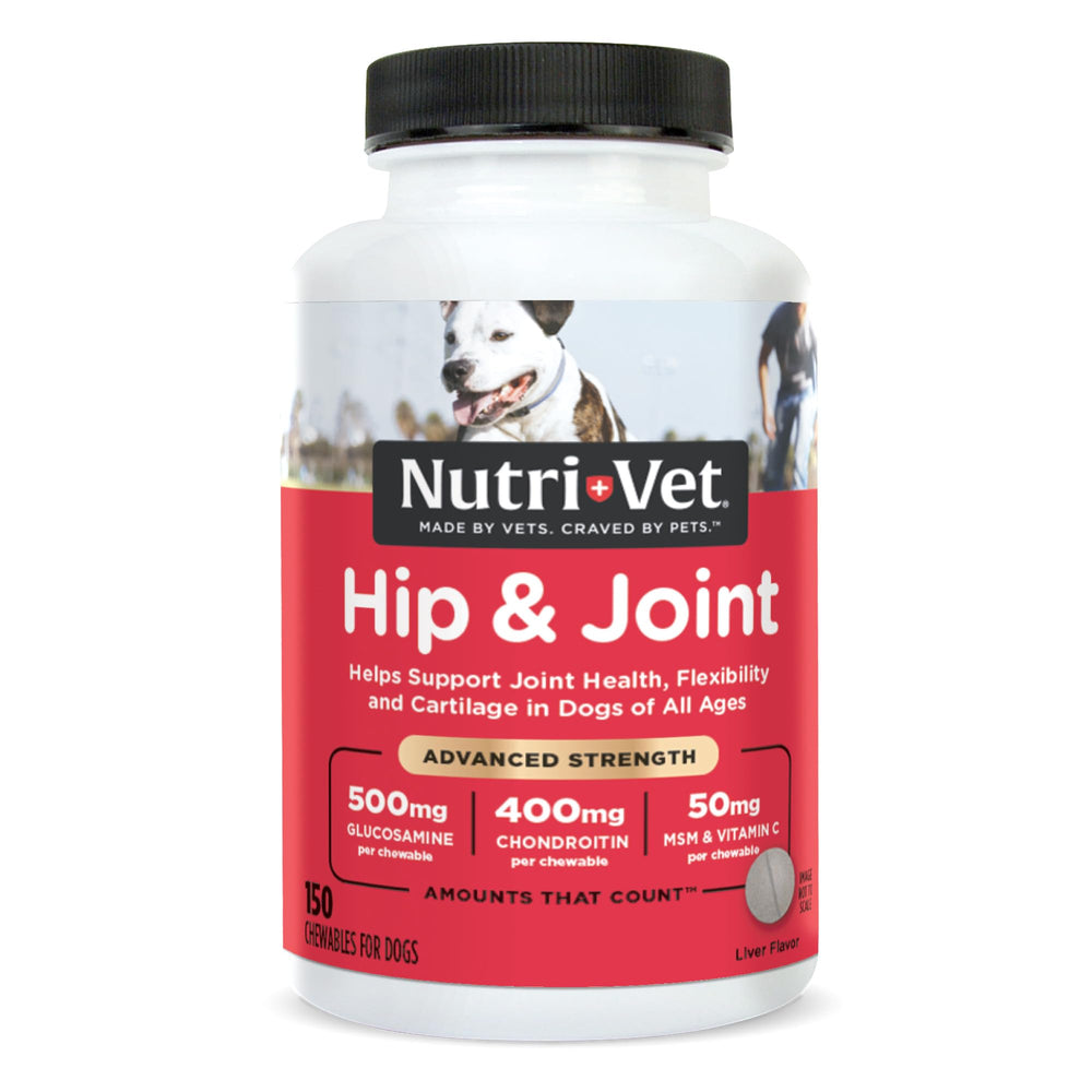 Nutri-Vet Advanced Strength hip joint chews bottle—targeted mobility support for dogs.