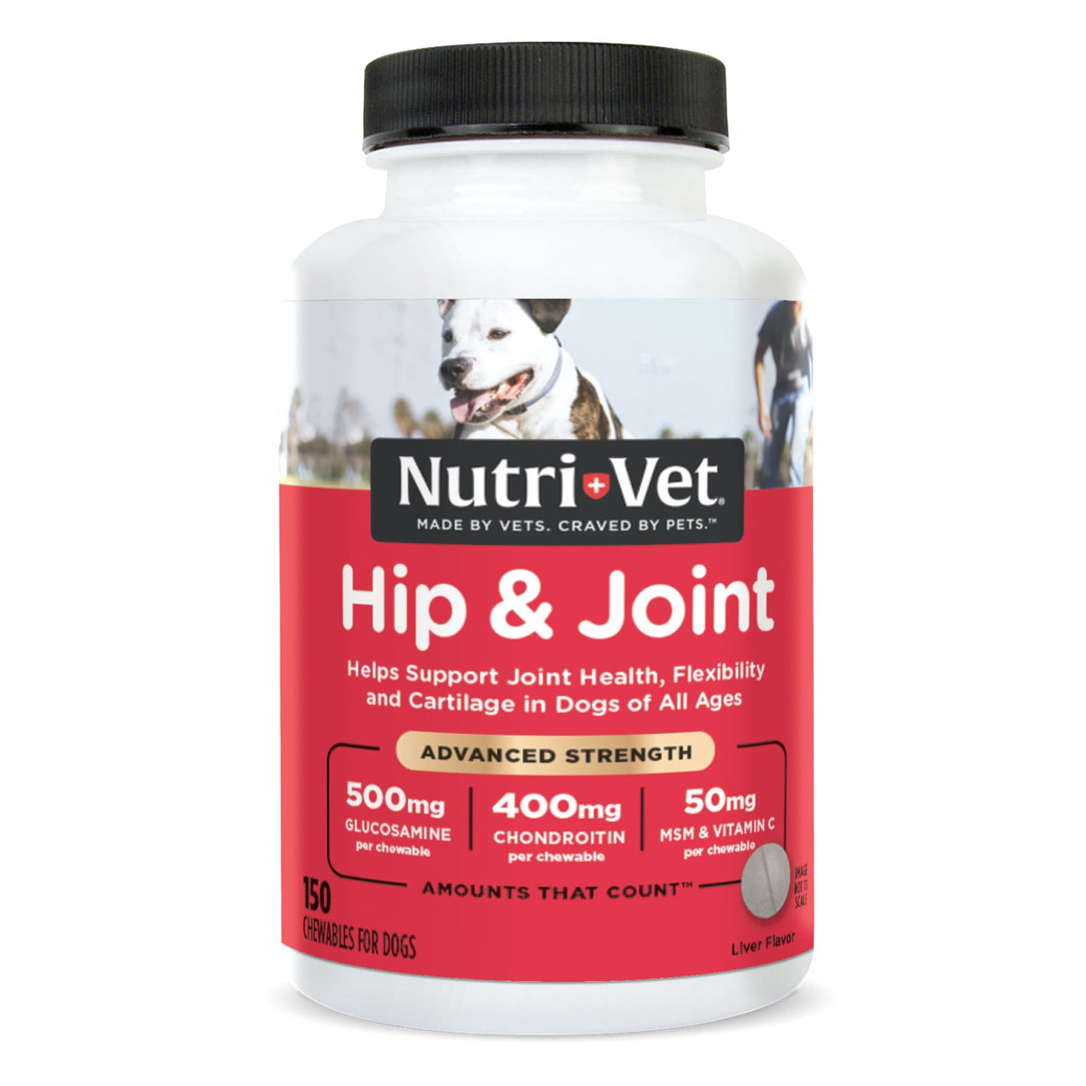Nutri-Vet Advanced Strength hip joint chews bottle—targeted mobility support for dogs.