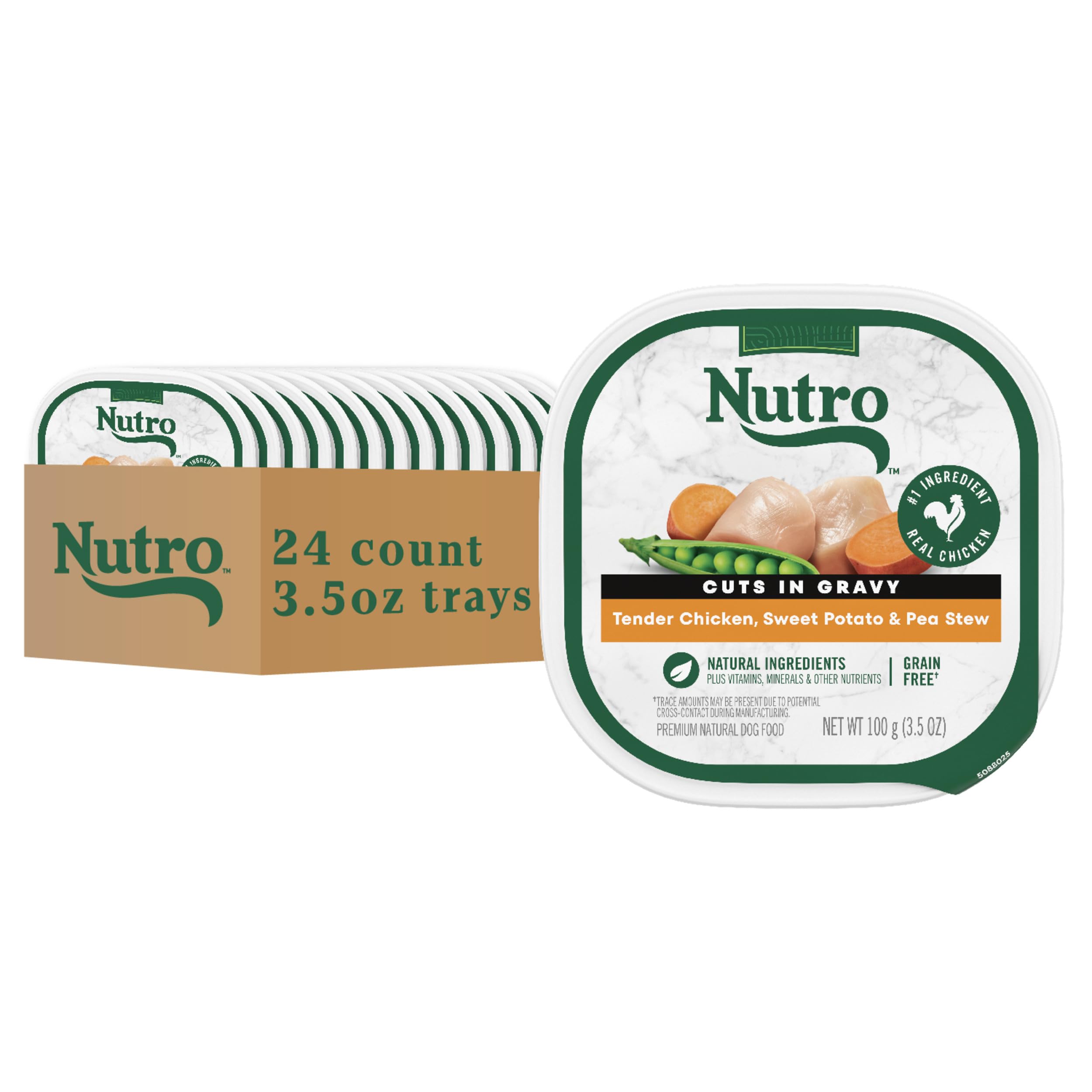 Nutro adult wet dog food tray with tender chicken and sweet potato for daily protein.