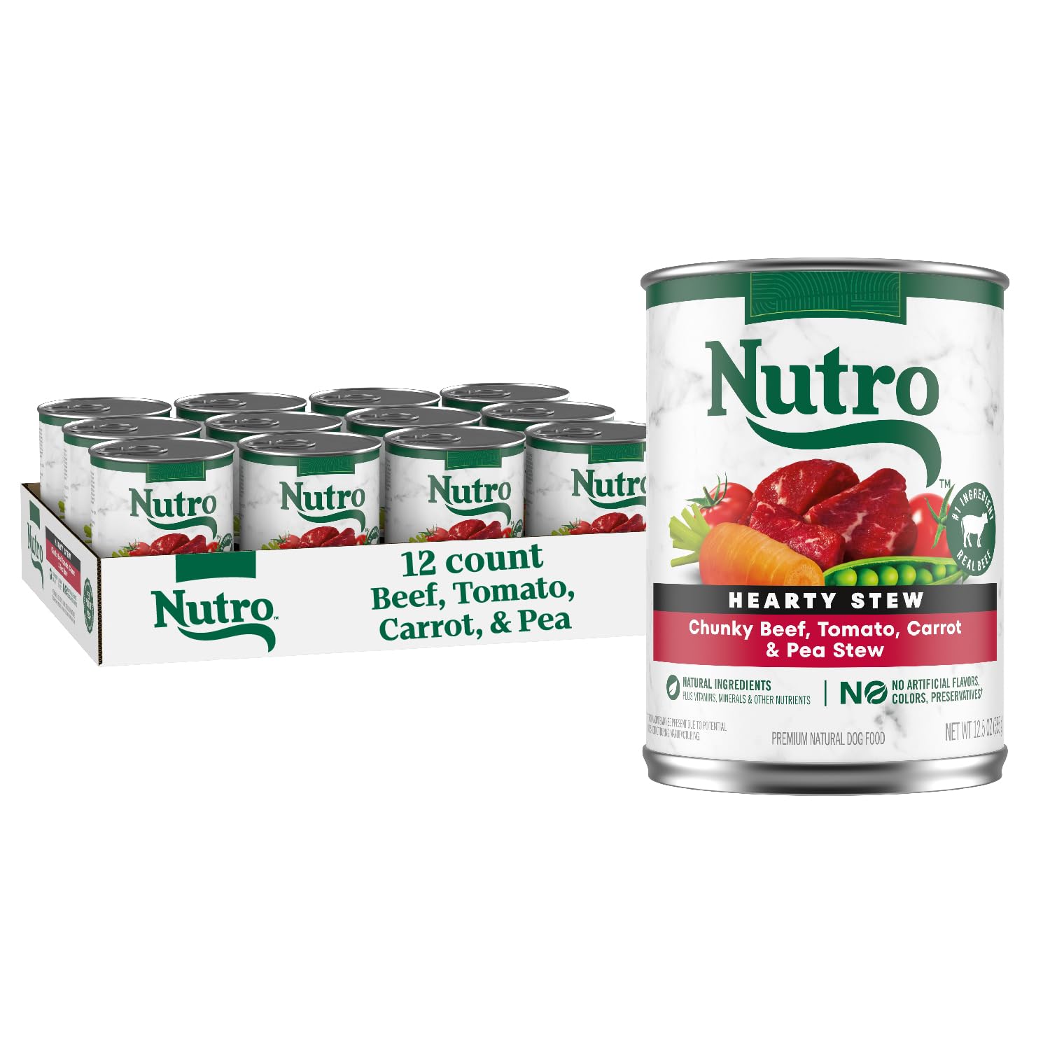 Nutro Hearty Stew beef chunks in gravy can for protein-rich meals