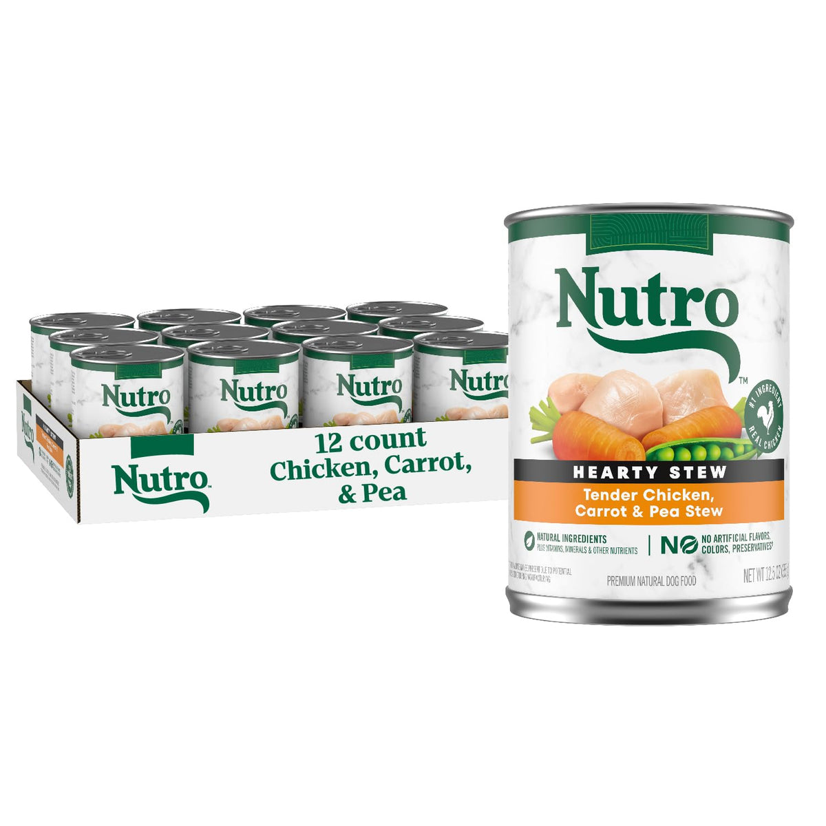 Nutro Hearty Stew can with tender chicken in gravy and vegetables.