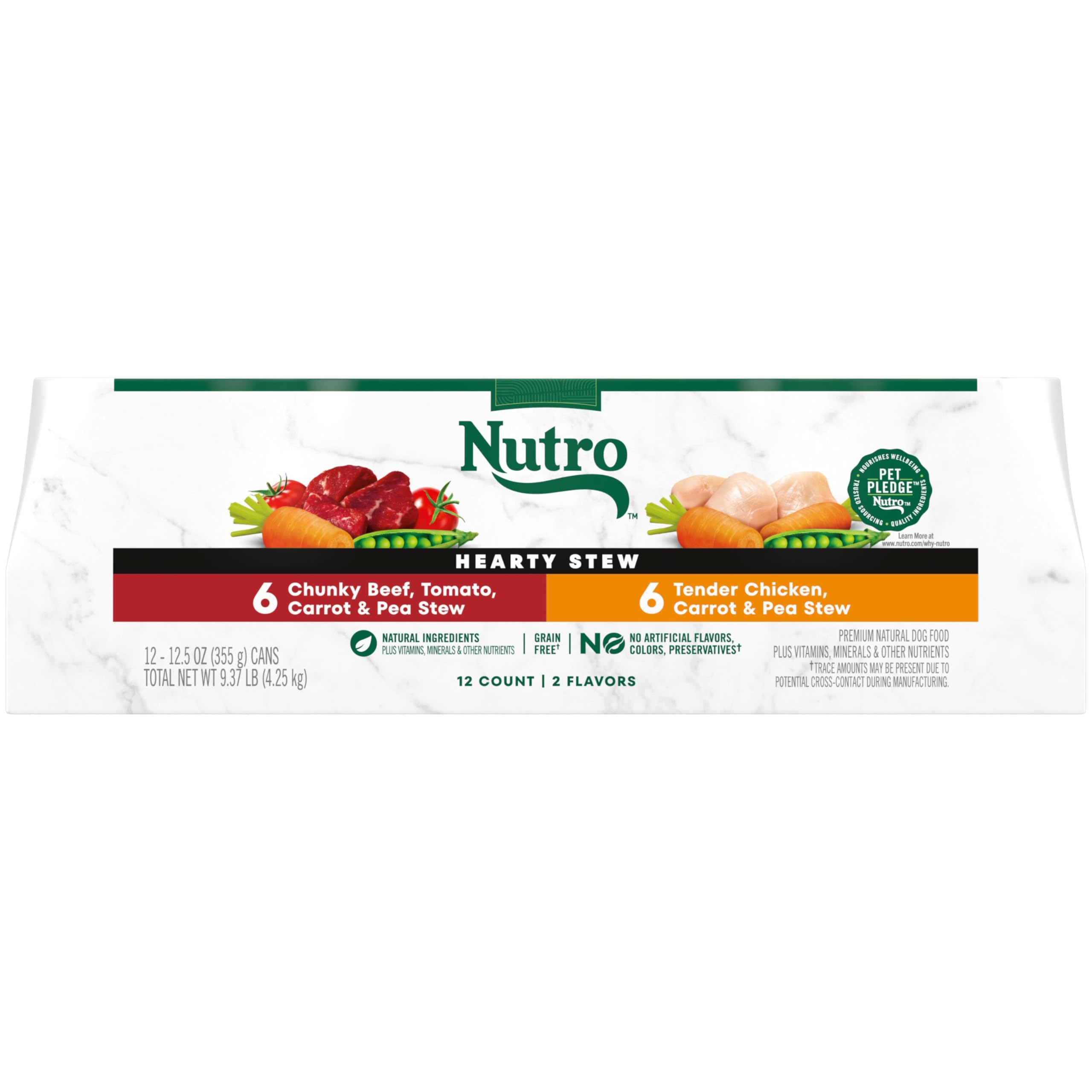 Nutro Hearty Stew cans front view with real meat in gravy, convenient for mealtime.