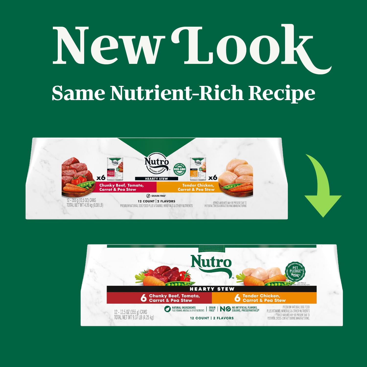 Nutro Hearty Stew chicken cans variety pack front view for daily meals.