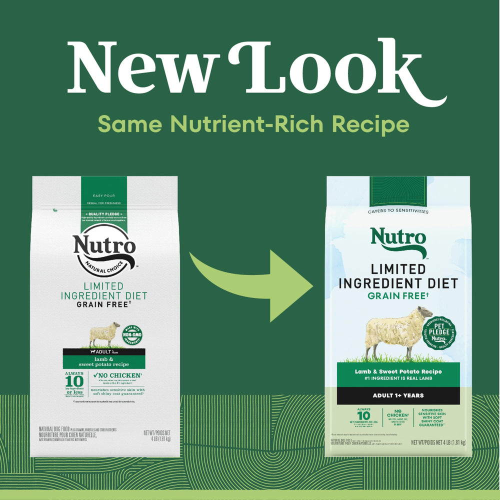 Nutro bag close-up showing a 10-ingredient-or-less formula.