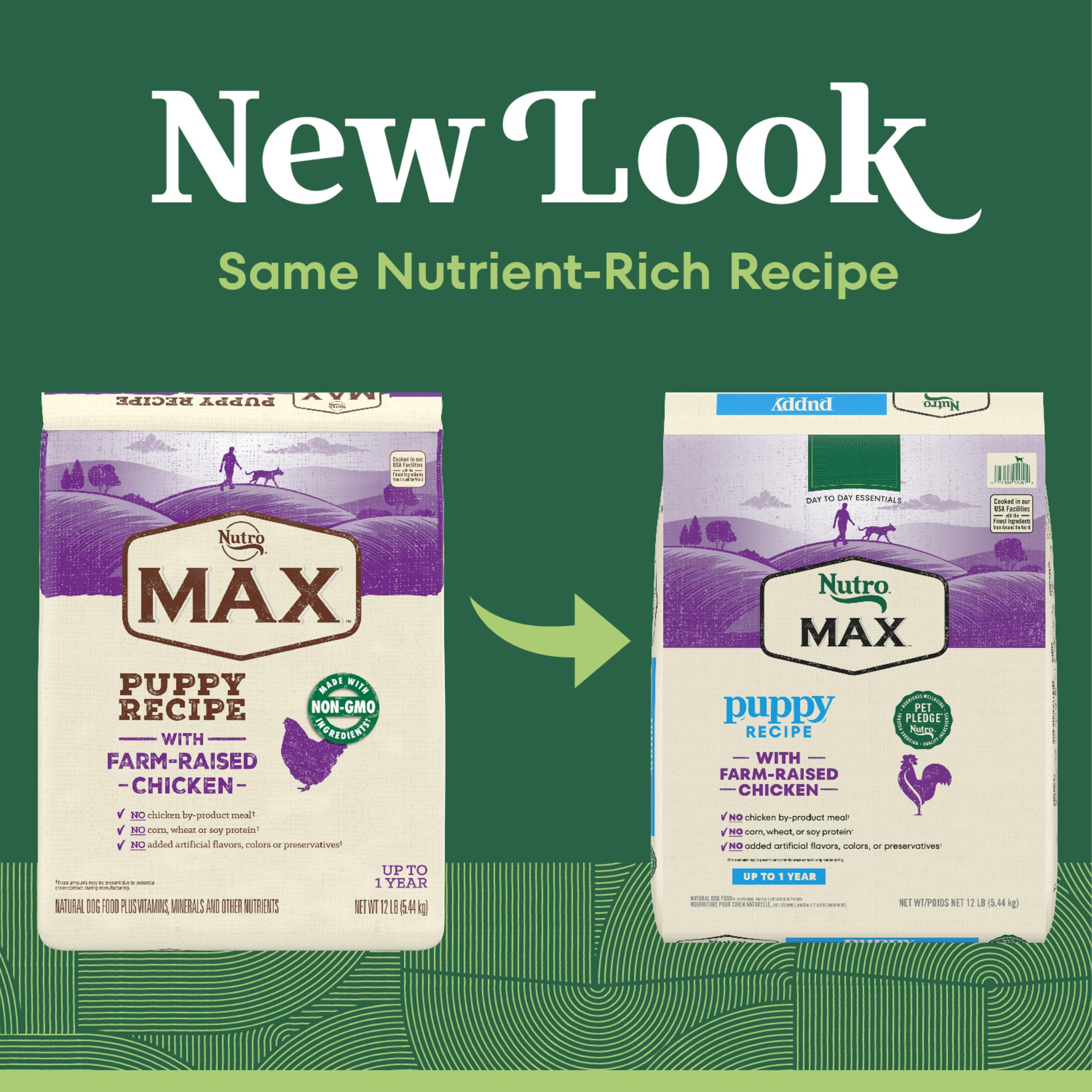 Nutro MAX Puppy Recipe ingredients highlight real farm-raised chicken for puppies