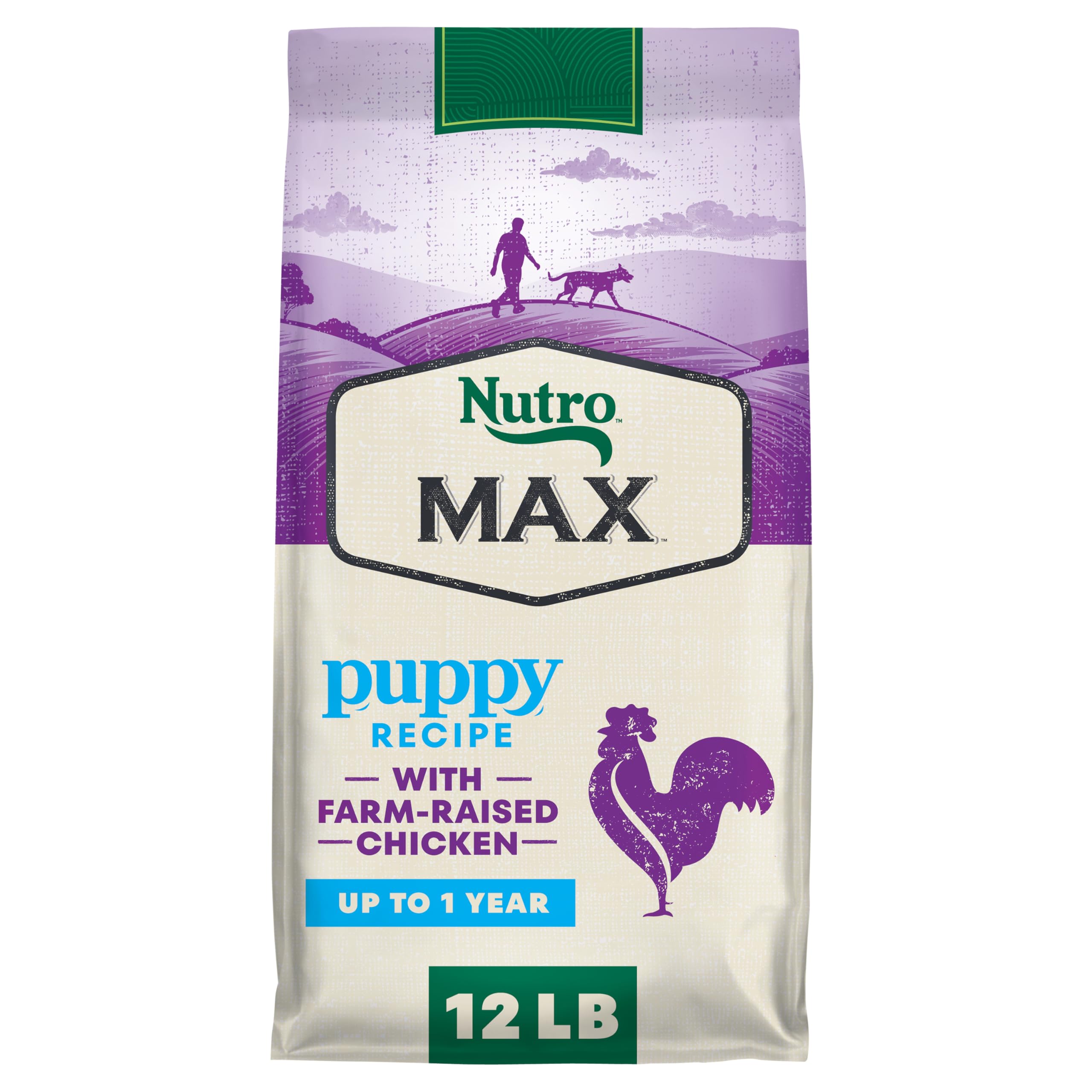 Nutro MAX Puppy Recipe chicken kibble in a bowl showing balanced nutrition for puppies