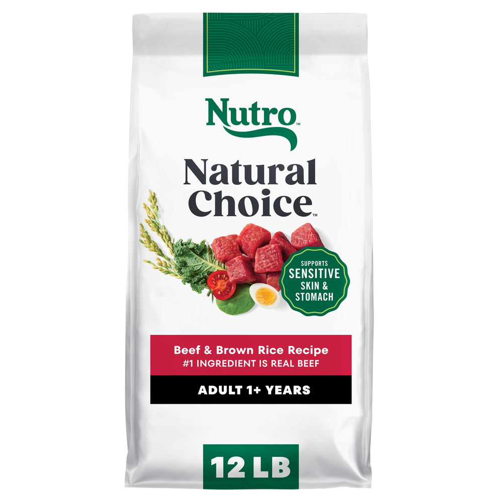 Nutro Natural Choice beef and brown rice dry dog food bag highlighting real beef as the #1 ingredient.