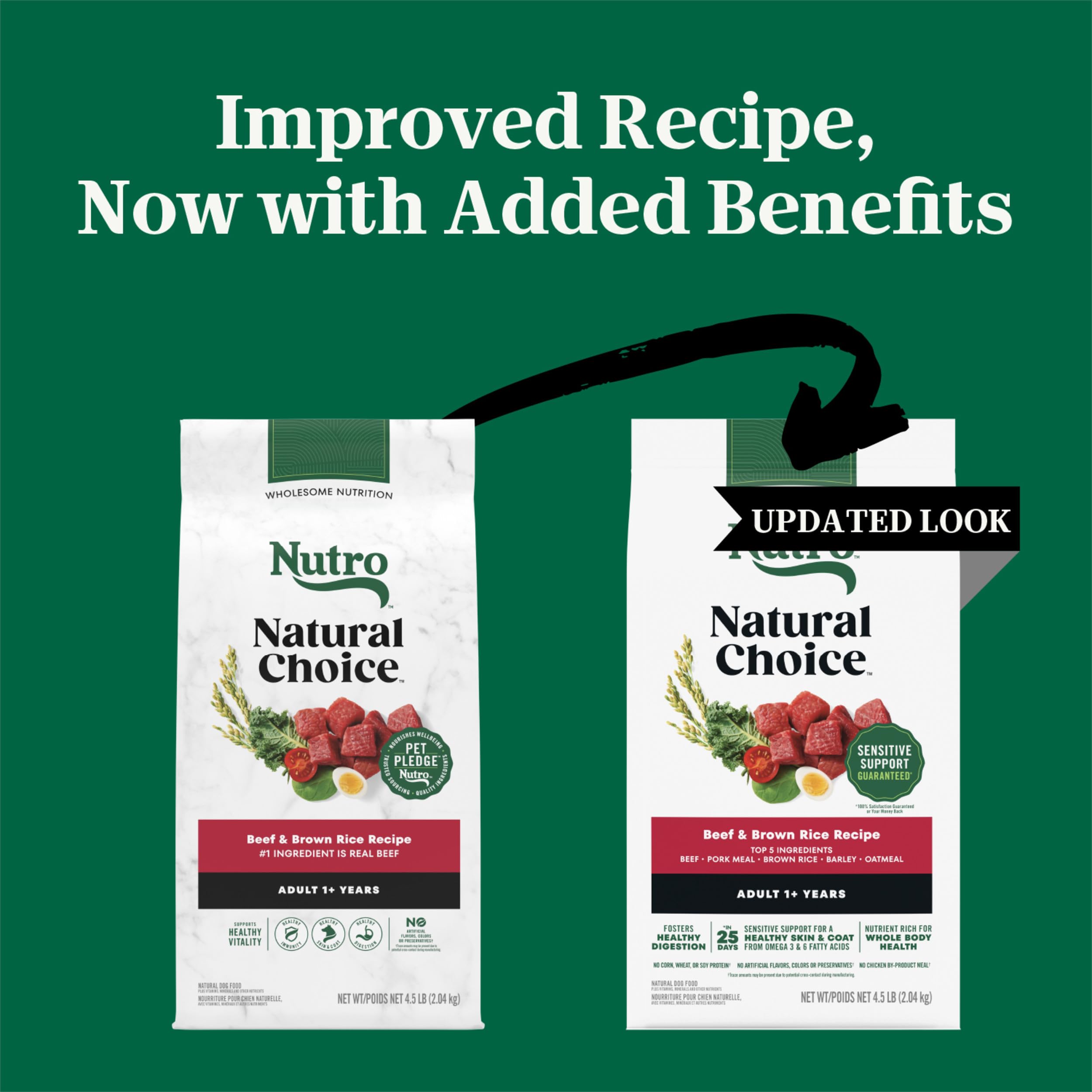 Kibble close-up shows grain-based formula designed for adult dogs.