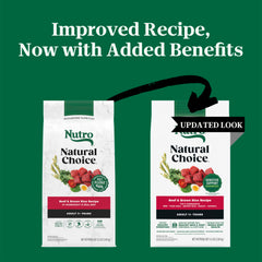 Kibble close-up shows grain-based formula designed for adult dogs.