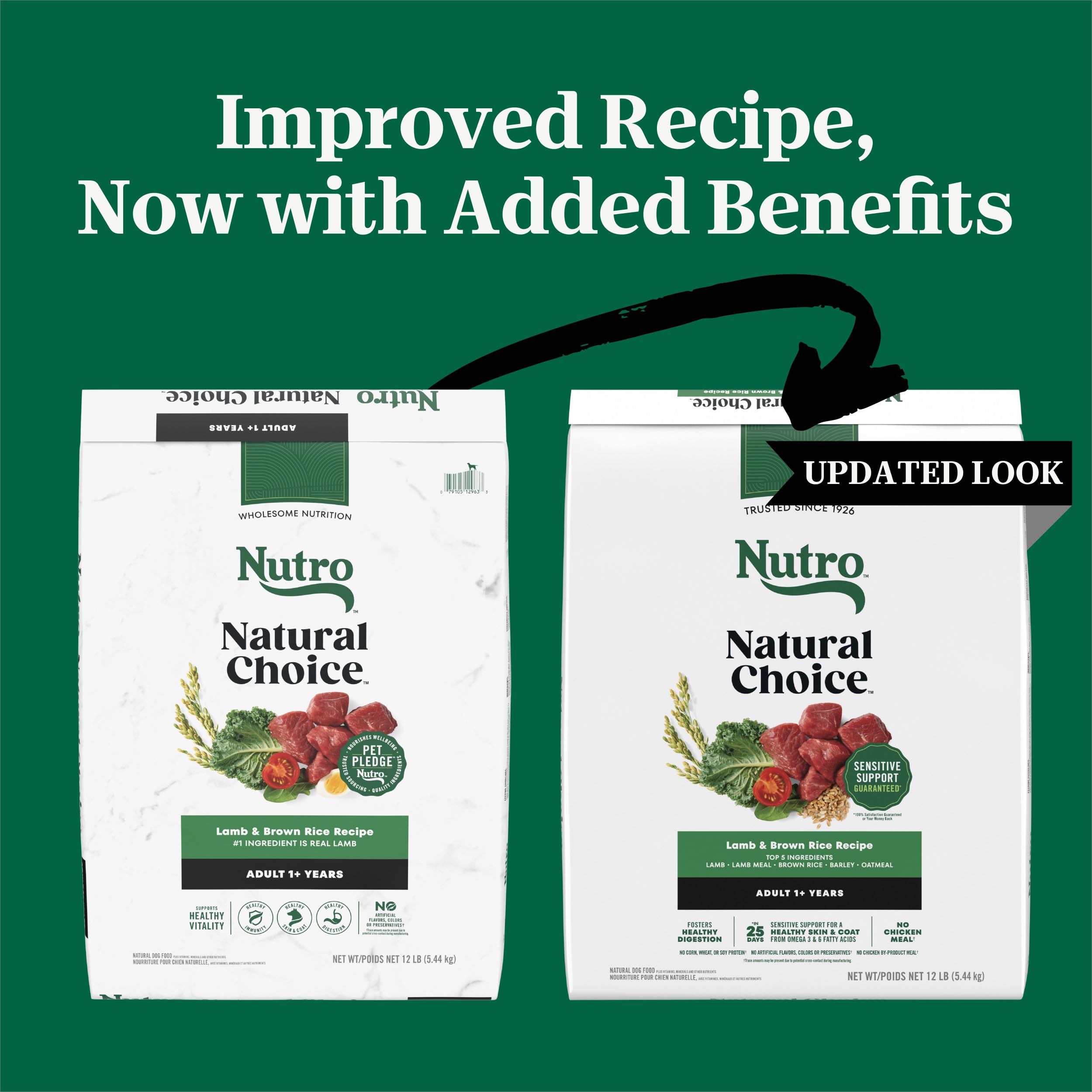 Nutro Natural Choice Lamb Brown Rice kibble pouring from bag, suggesting care in portioning.