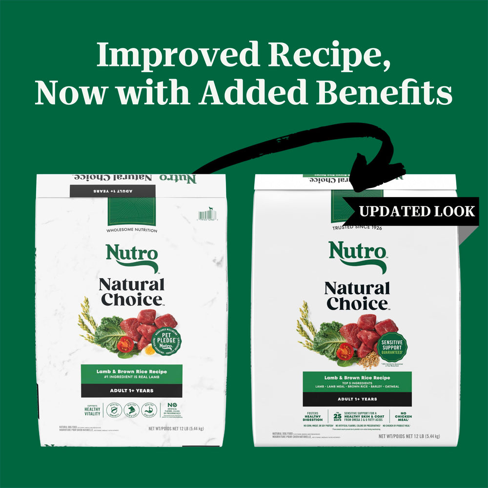 Nutro Natural Choice Lamb Brown Rice kibble pouring from bag, suggesting care in portioning.