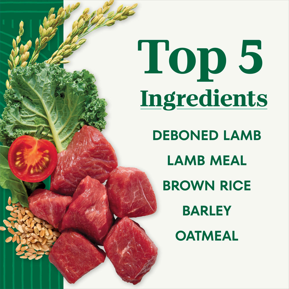 Nutro Natural Choice Lamb Brown Rice ingredients label close-up featuring real lamb.