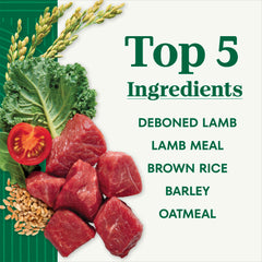Nutro Natural Choice Lamb Brown Rice ingredients label close-up featuring real lamb.