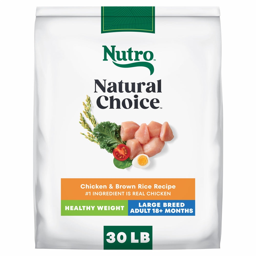 Nutro Natural Choice Large Breed Healthy Weight dog food bag showing the nutritious formula for energy