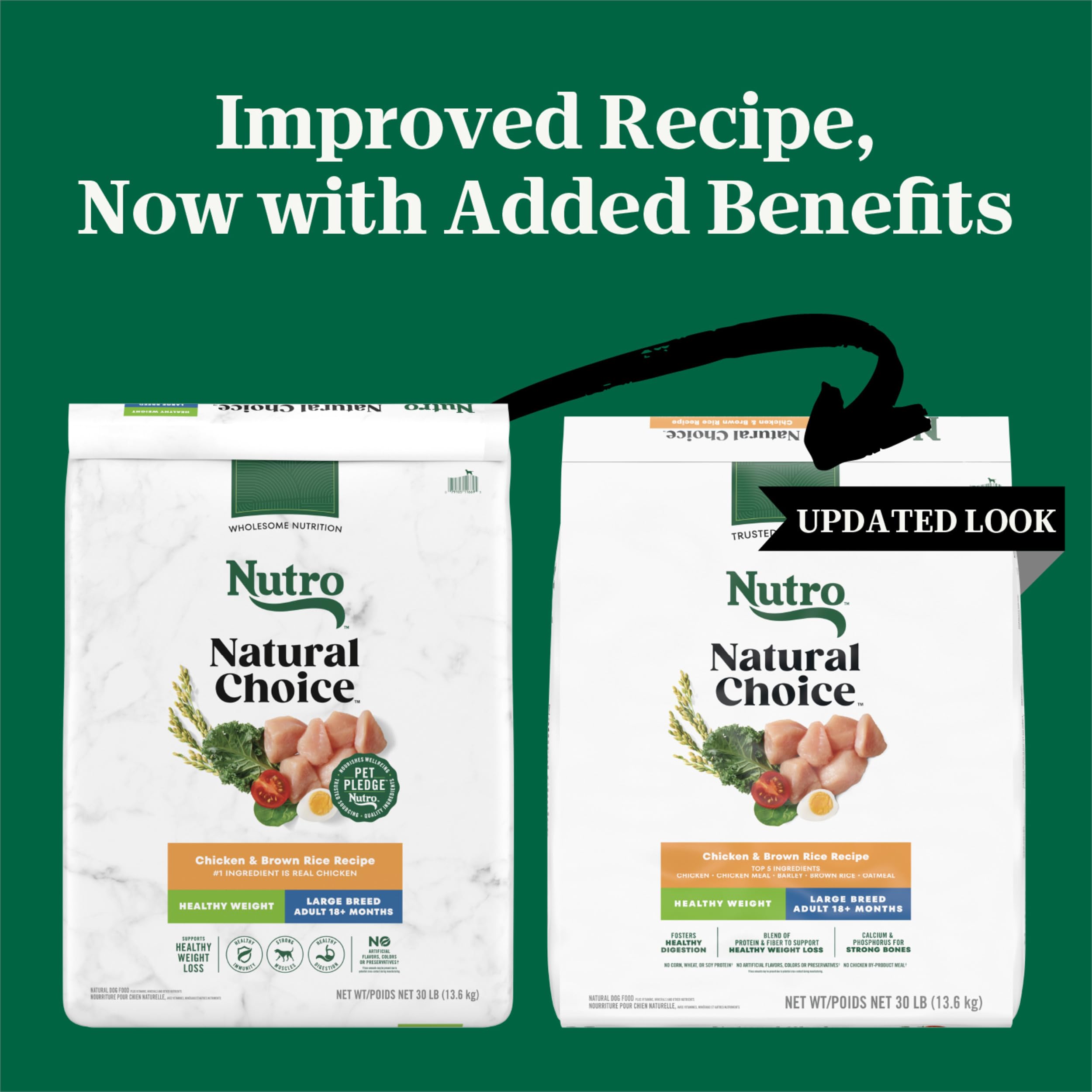 Nutro Natural Choice Large Breed Healthy Weight kibble close-up with chicken first ingredient emphasis