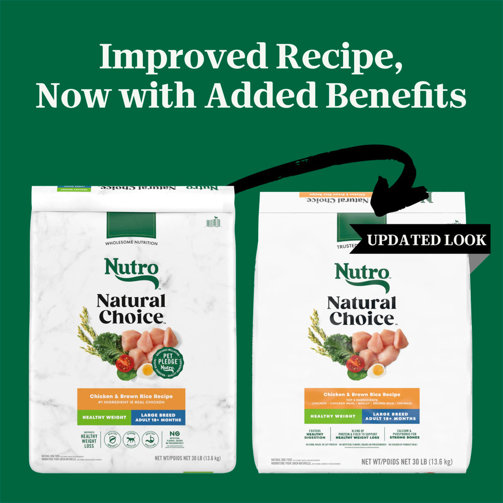 Nutro Natural Choice Large Breed Healthy Weight kibble close-up with chicken first ingredient emphasis