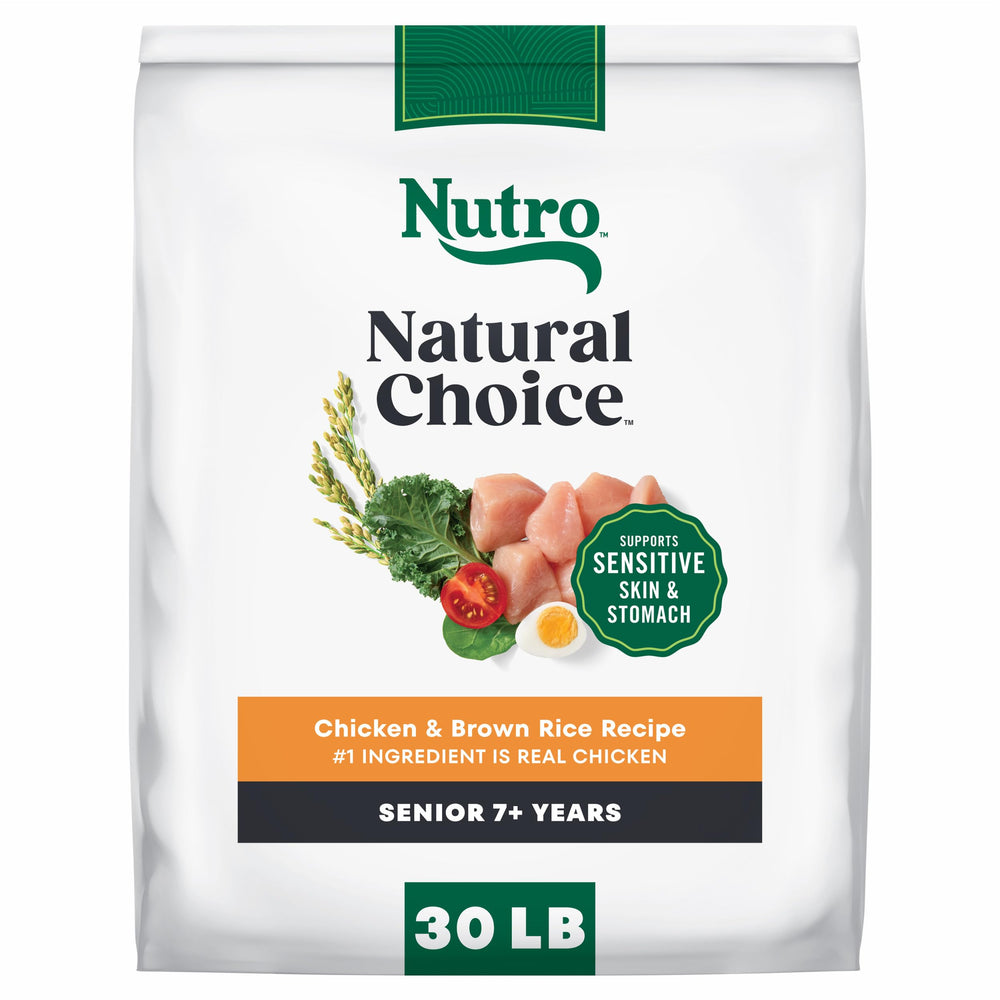 Nutro Natural Choice senior dog food bag highlights real chicken and brown rice for balanced meals.