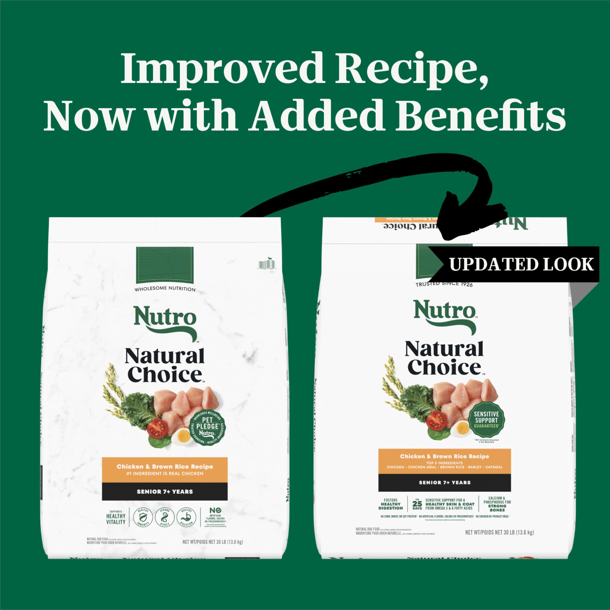 Nutro Natural Choice senior kibble closeup shows protein-rich chicken formula.