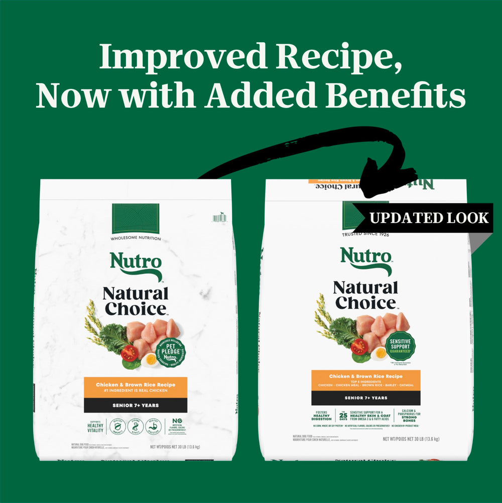 Nutro Natural Choice senior kibble closeup shows protein-rich chicken formula.