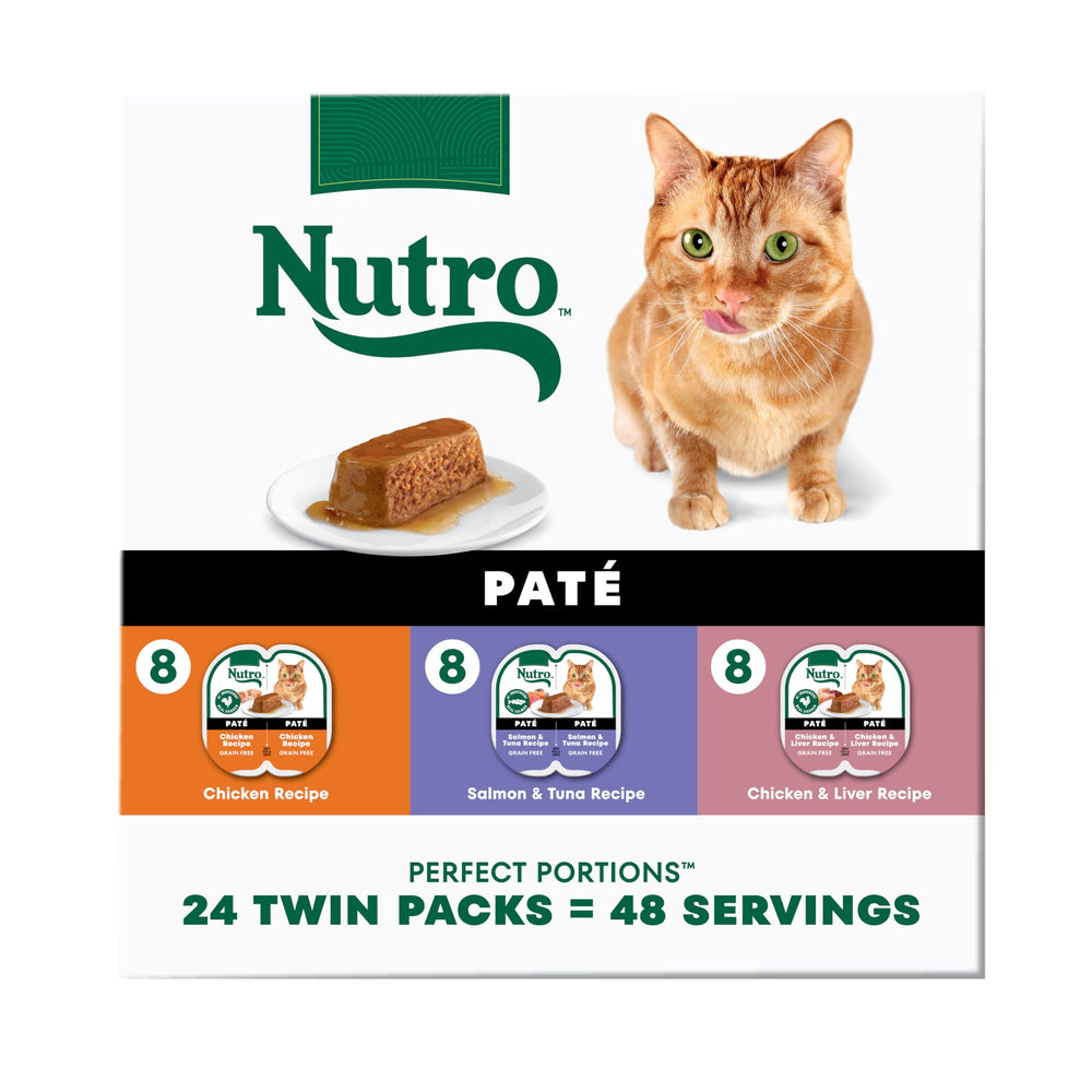 Nutro pate salmon-tuna tray shown for adult cats, high-protein option