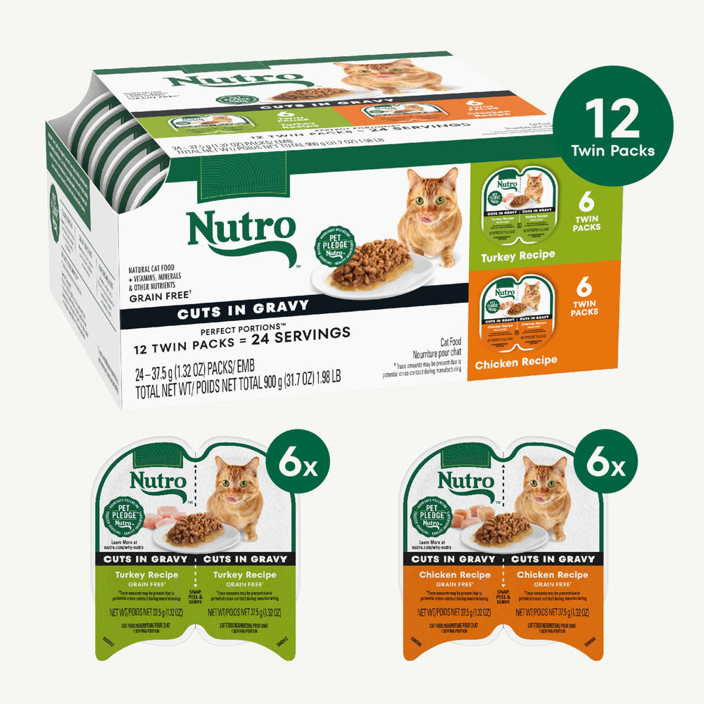 Nutro Perfect Portions chicken cuts in gravy tray, savory flavor and moisture.