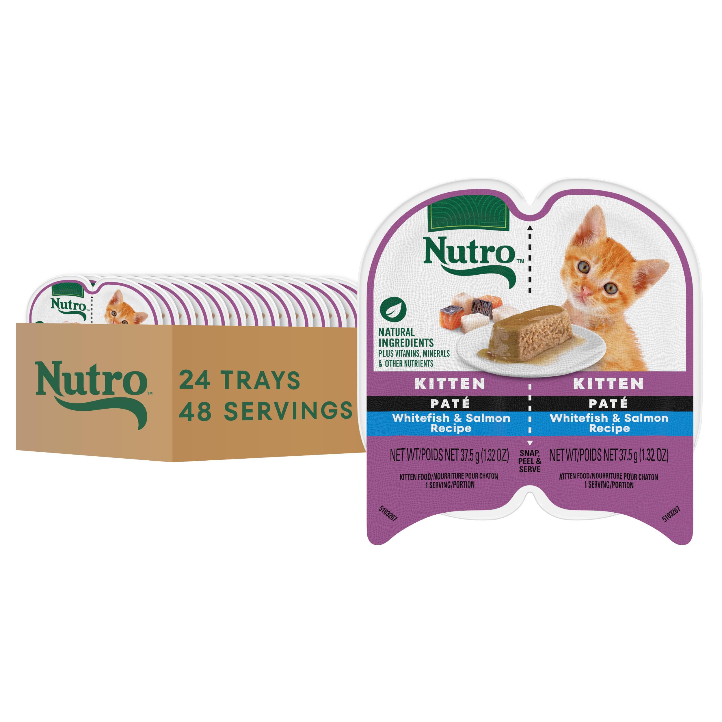 Nutro Perfect Portions kitten trays with whitefish and salmon for balanced meals.