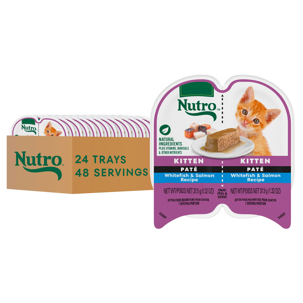 Nutro Perfect Portions kitten trays with whitefish and salmon for balanced meals.