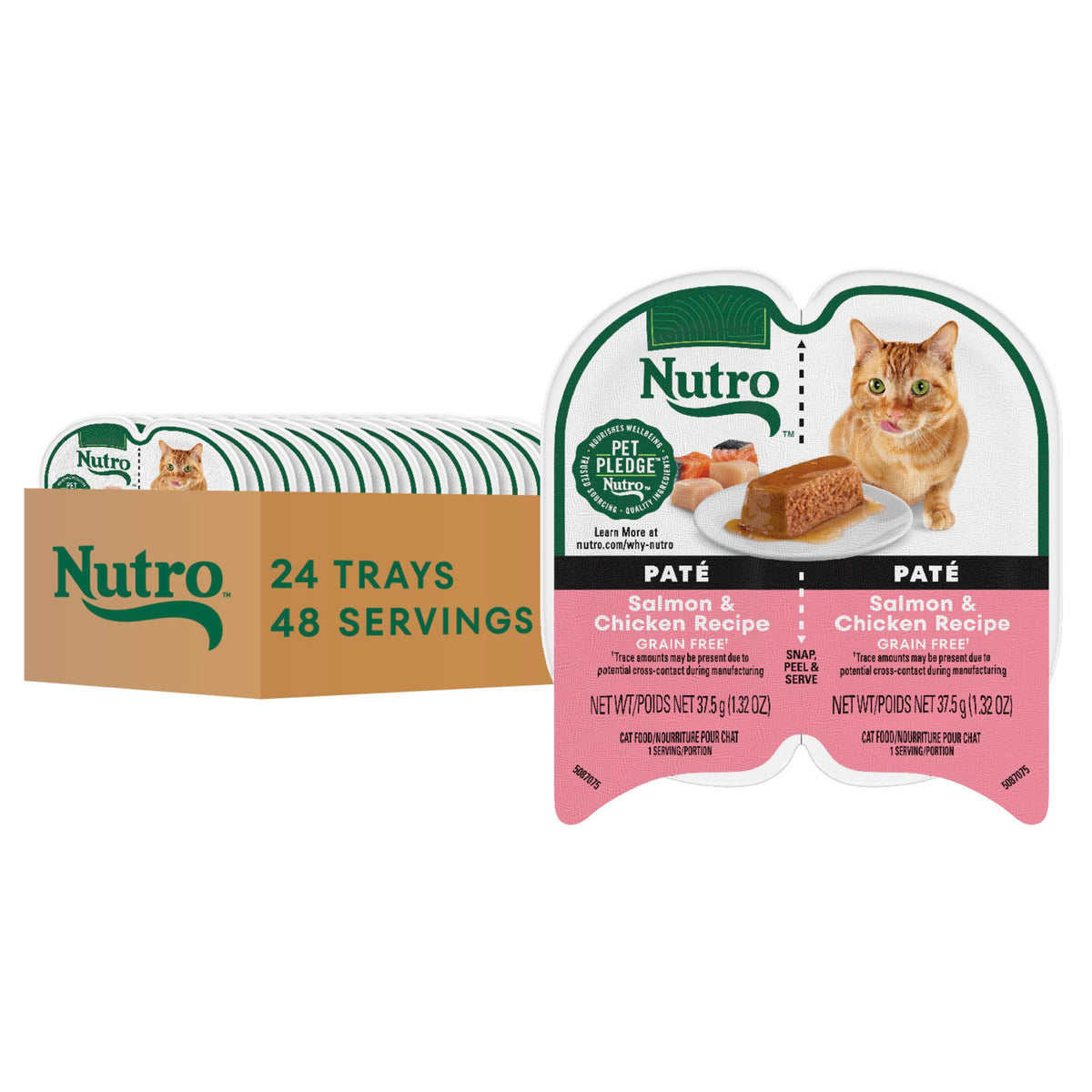 Nutro Perfect Portions Pate Salmon and Chicken tray—grain-free moisture-rich nutrition for adult cats.