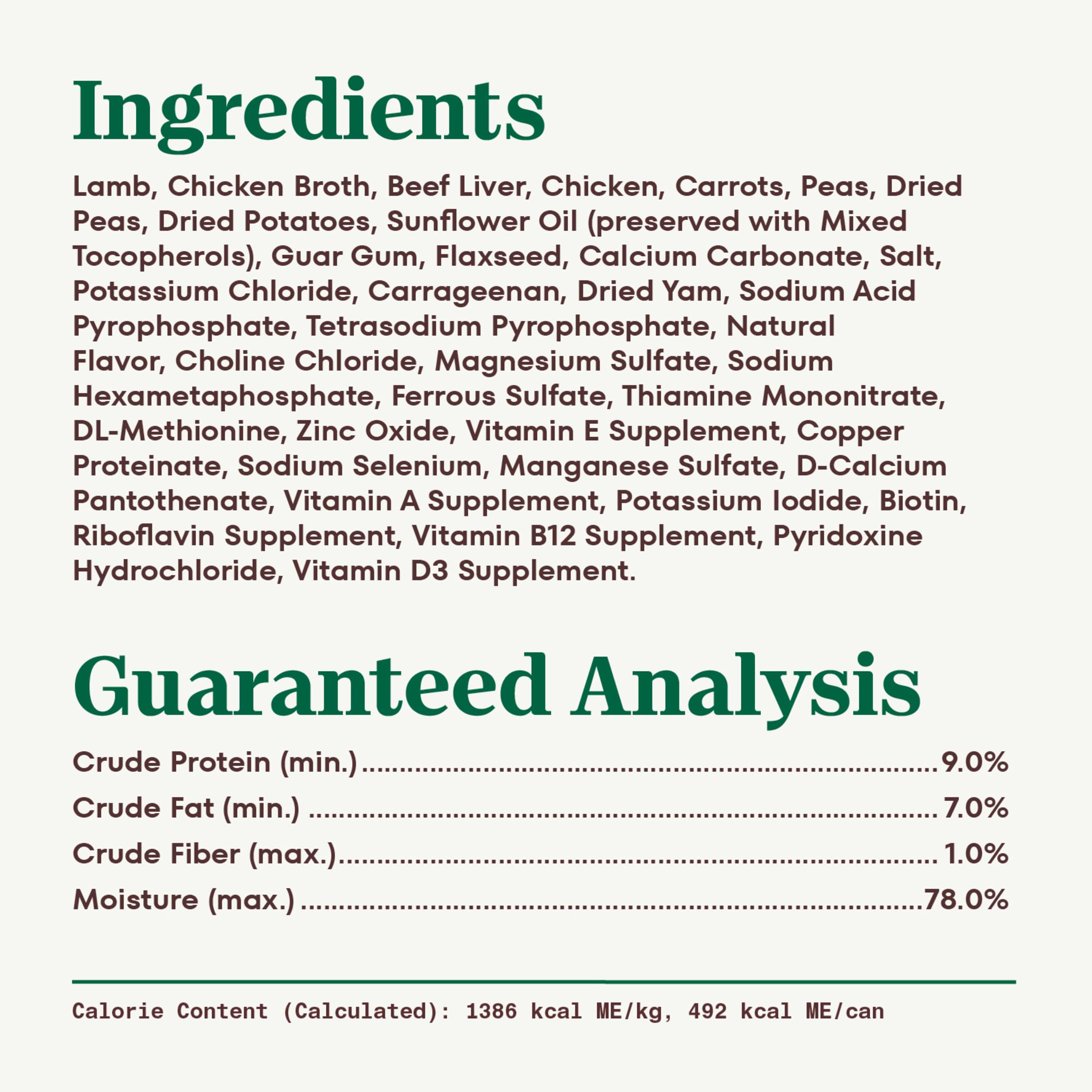 Ingredients label highlights real lamb as the #1 ingredient