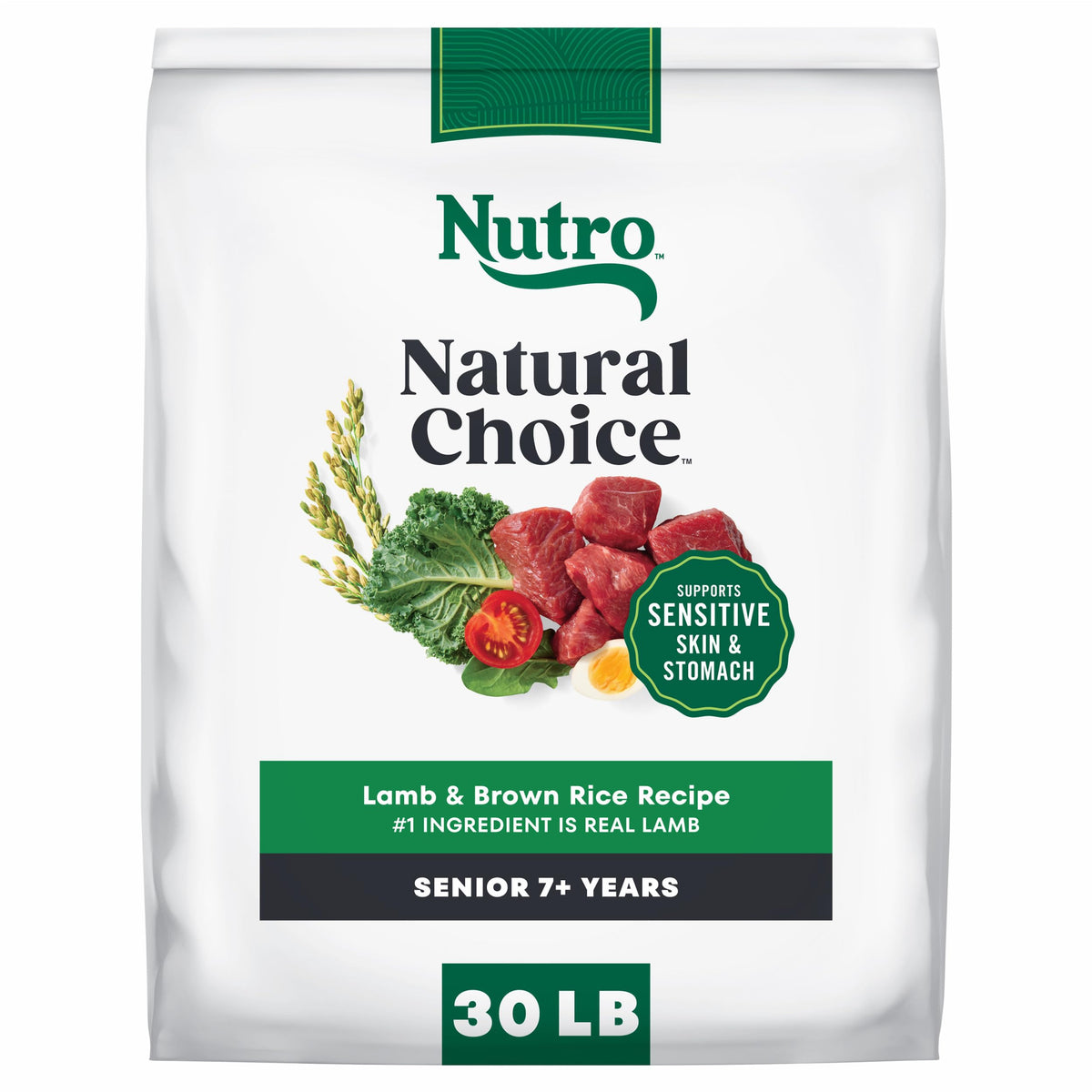 Nutro senior dog food lamb-brown-rice bag shows wholesome ingredients for balanced senior meals
