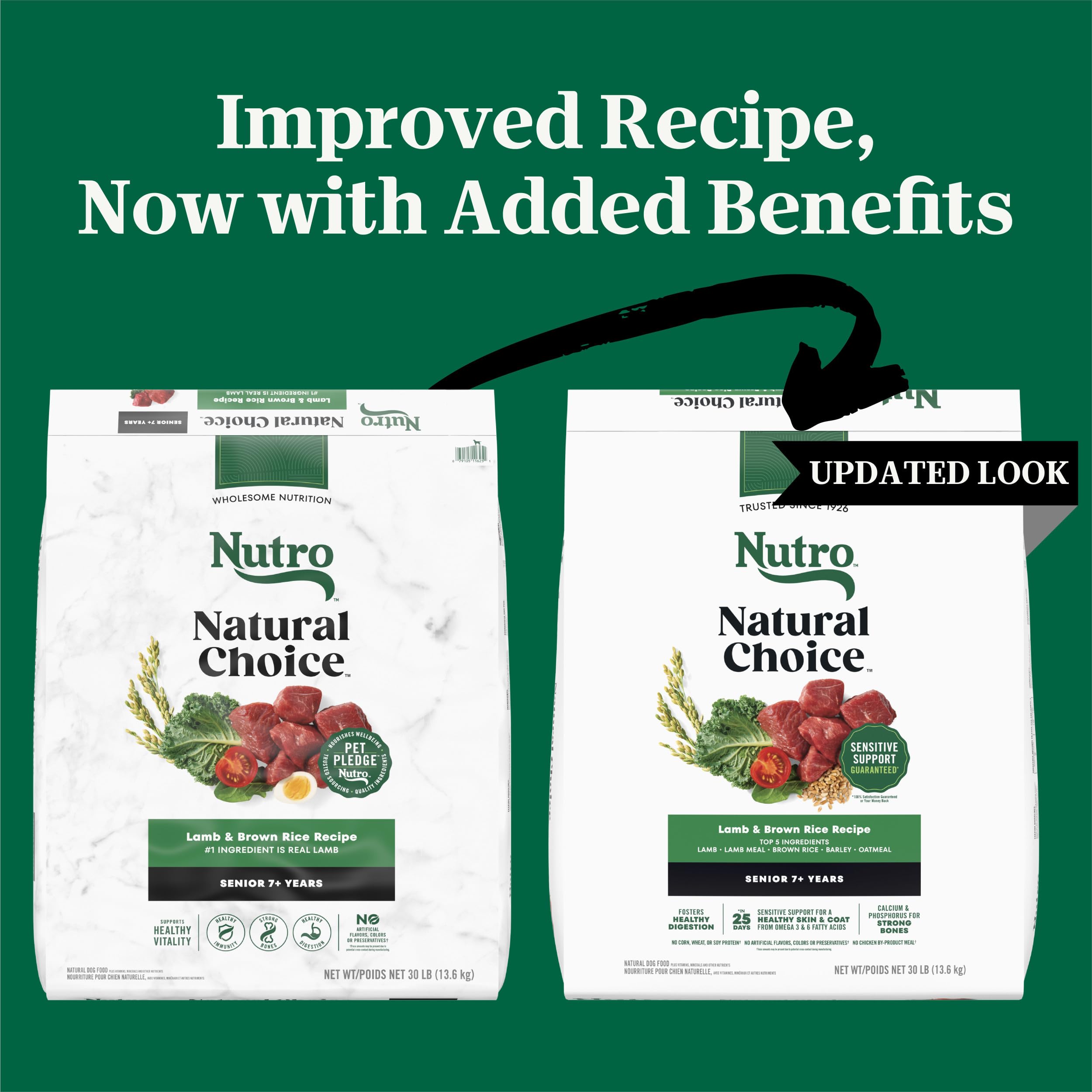 Nutro senior dog food lamb-brown-rice-kibble close-up highlighting crunchy texture for dental health