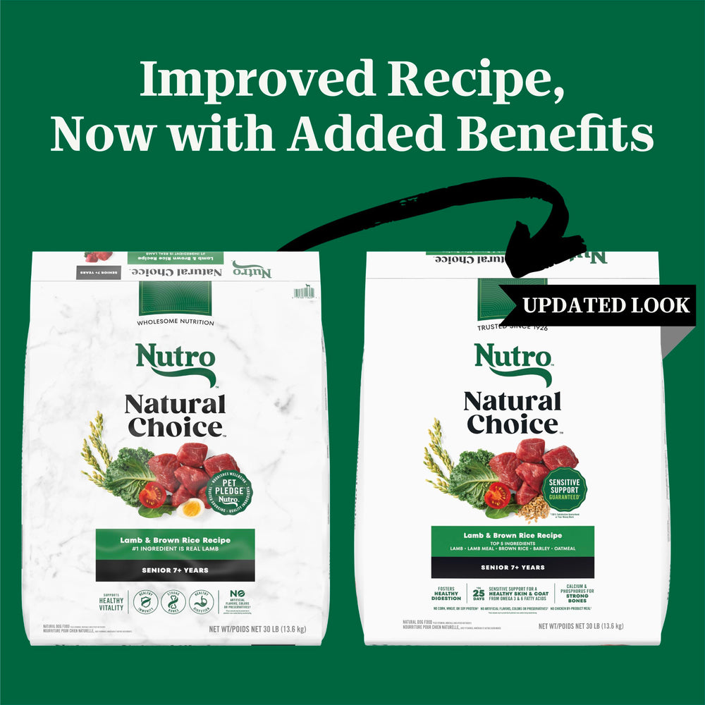 Nutro senior dog food lamb-brown-rice-kibble close-up highlighting crunchy texture for dental health