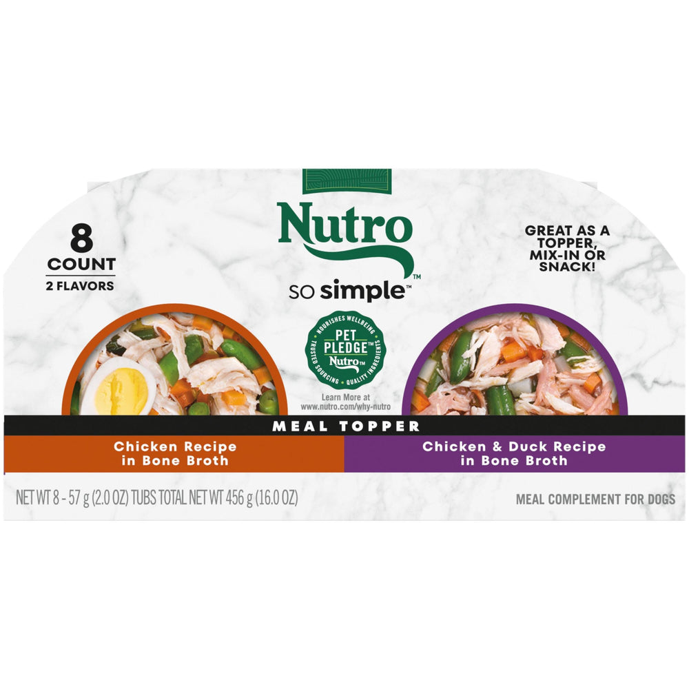 Nutro So Simple chicken bone broth topper on trays boosts flavor and moisture for kibble.