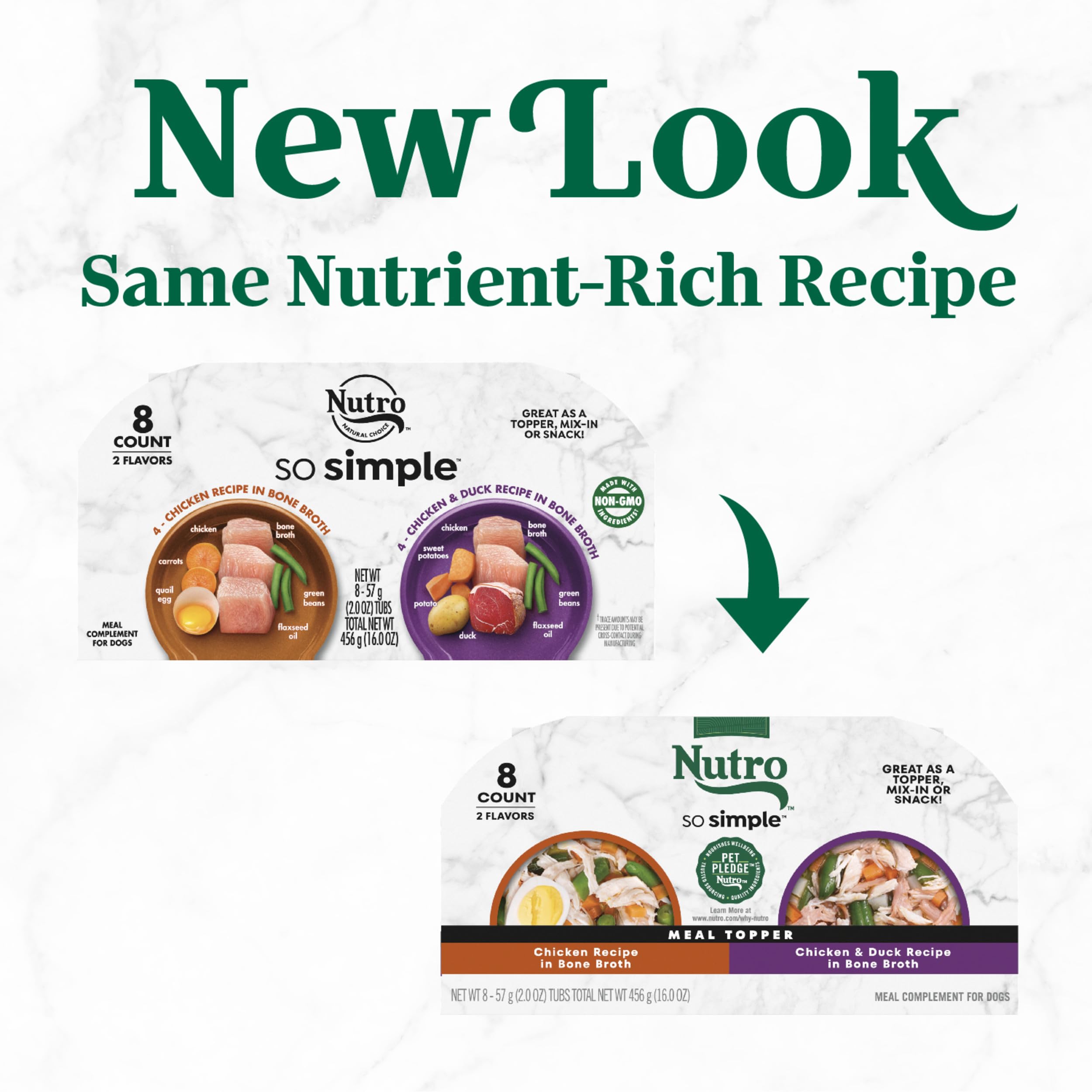 Nutro So Simple chicken and duck bone broth topper over kibble enhances variety and aroma.