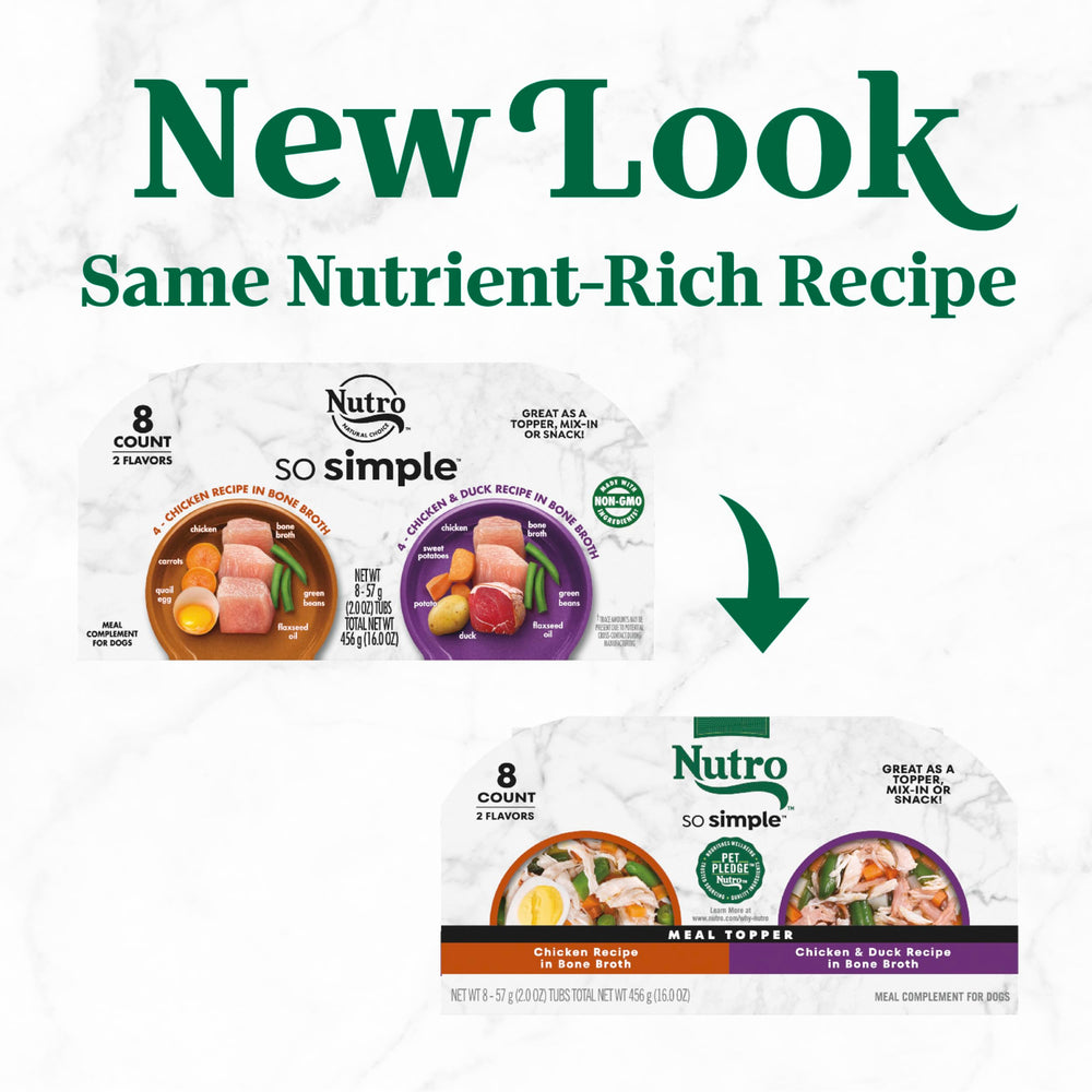 Nutro So Simple chicken and duck bone broth topper over kibble enhances variety and aroma.