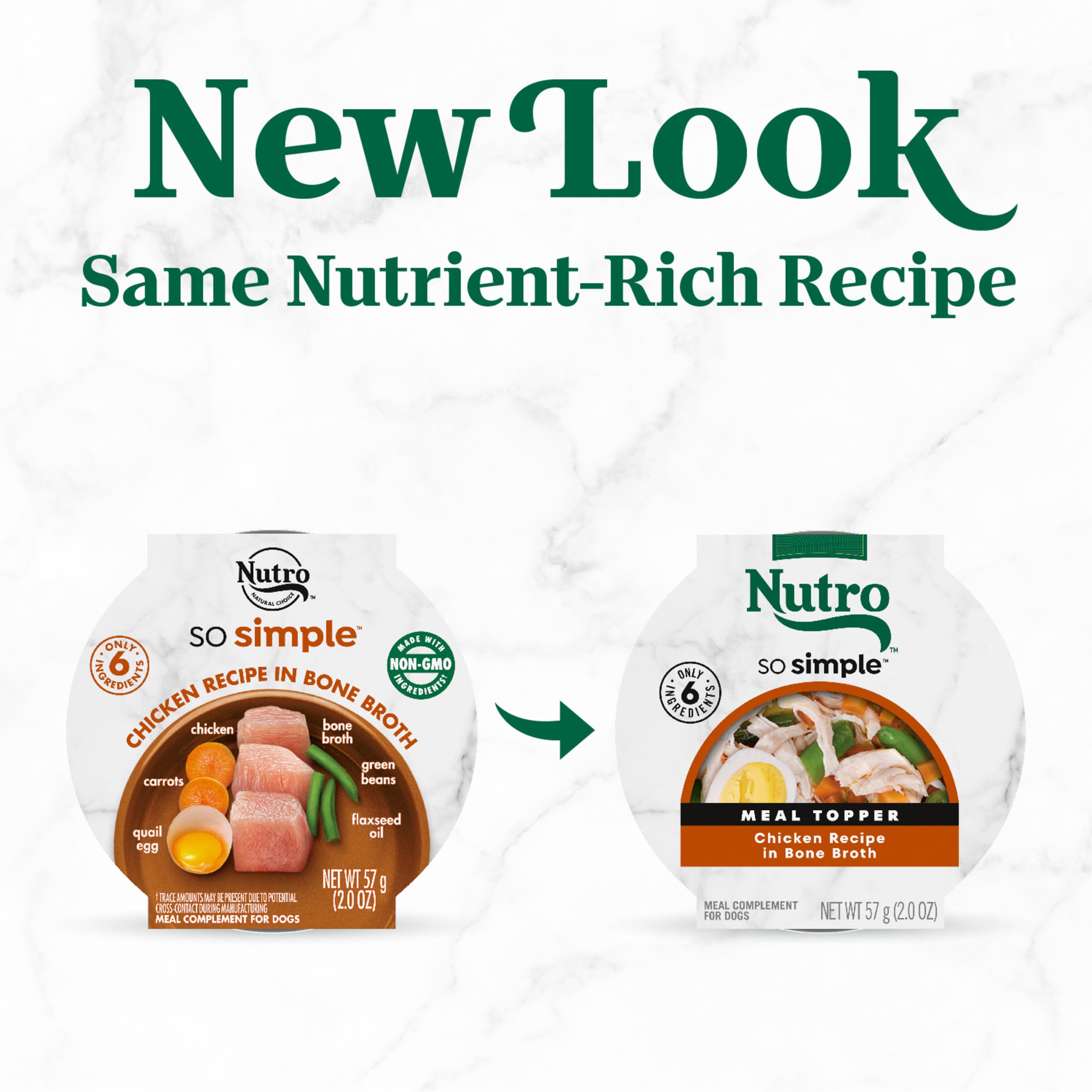 Nutro So Simple chicken topping in bone broth for enhanced kibble flavor.