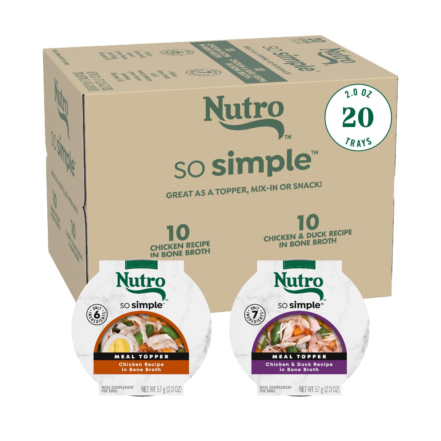 Nutro So Simple wet dog meal complement in bone broth trays adds savory flavor to meals.
