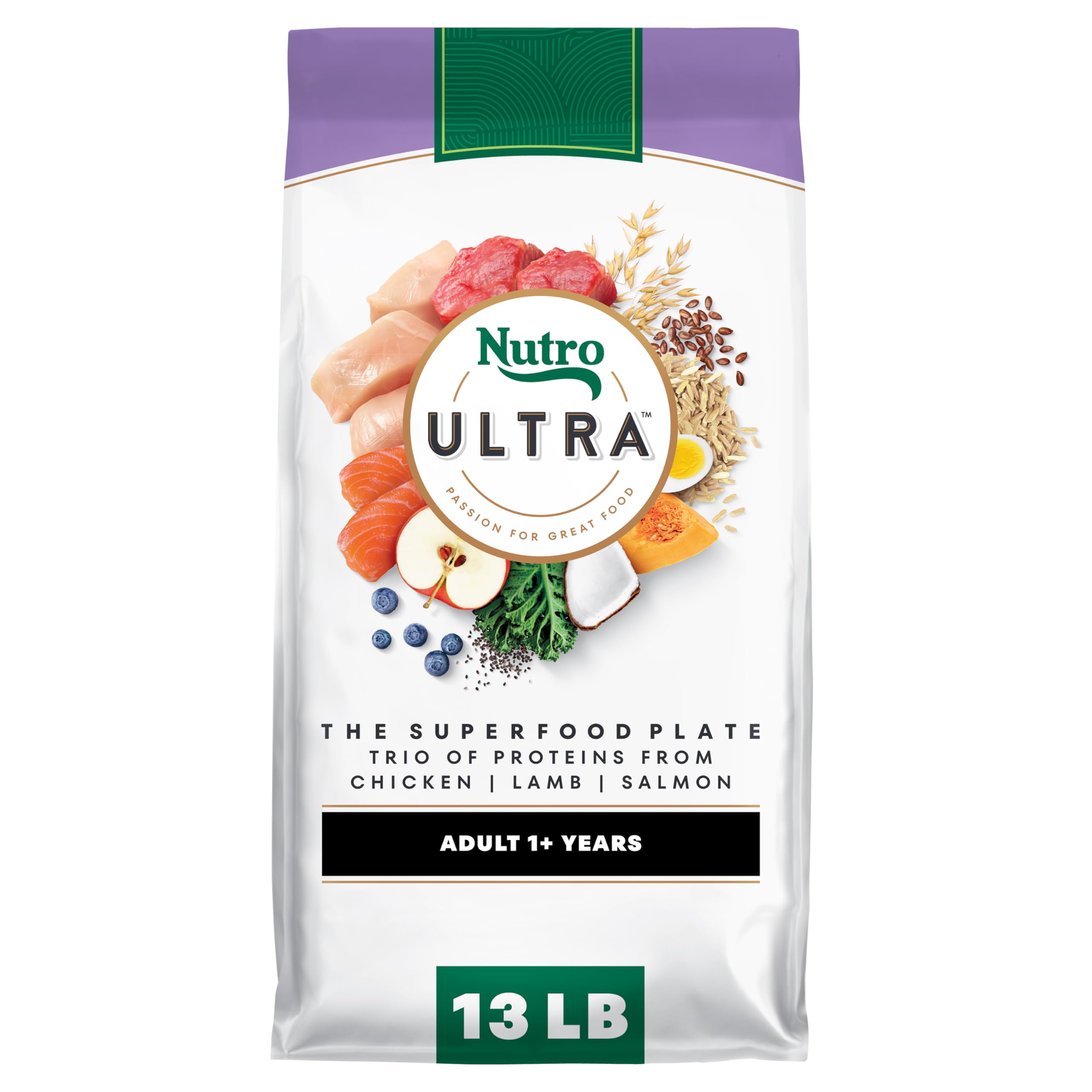 Nutro Ultra dry dog food bag with high-protein chicken, lamb, and salmon for adult dogs