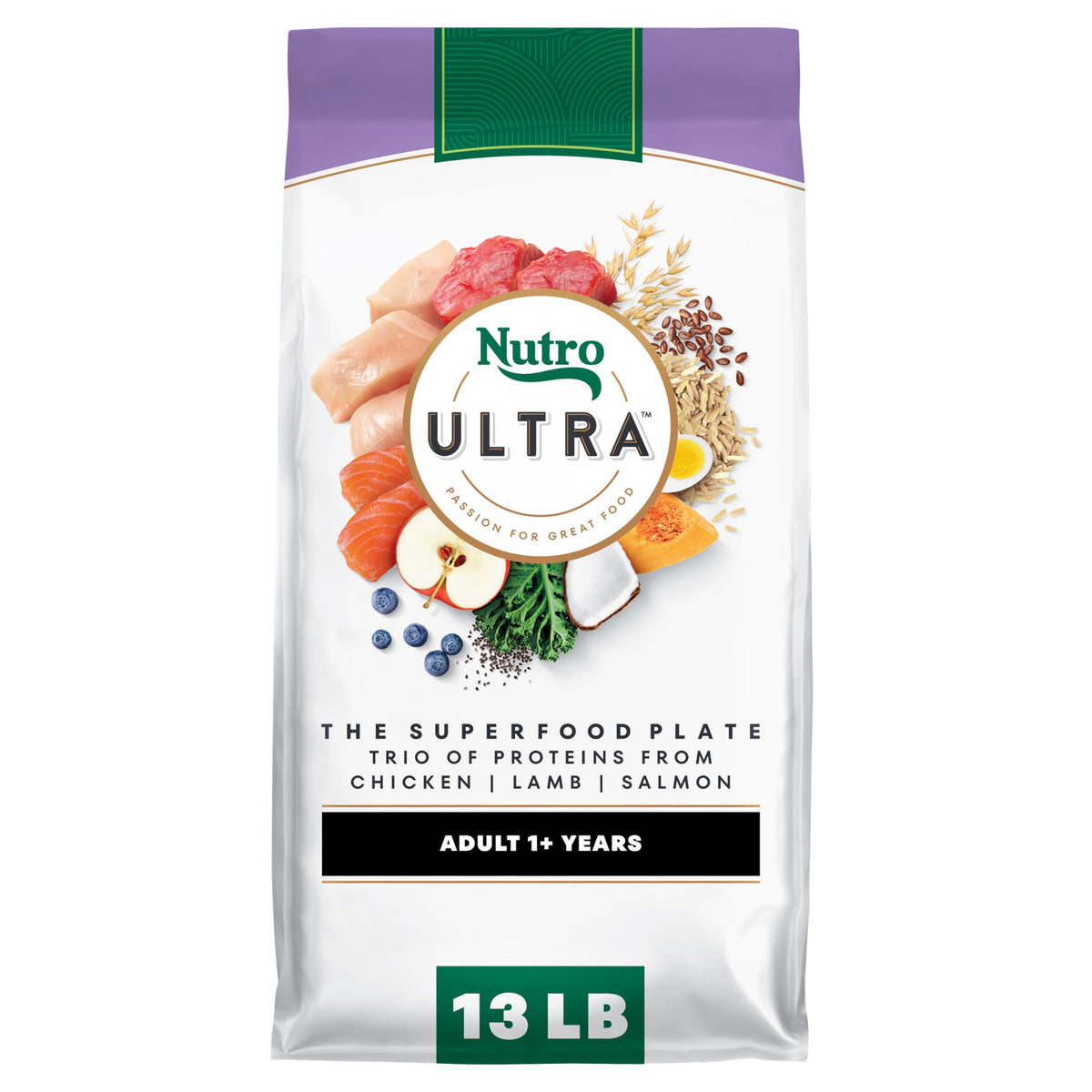 Nutro Ultra dry dog food bag with high-protein chicken, lamb, and salmon for adult dogs