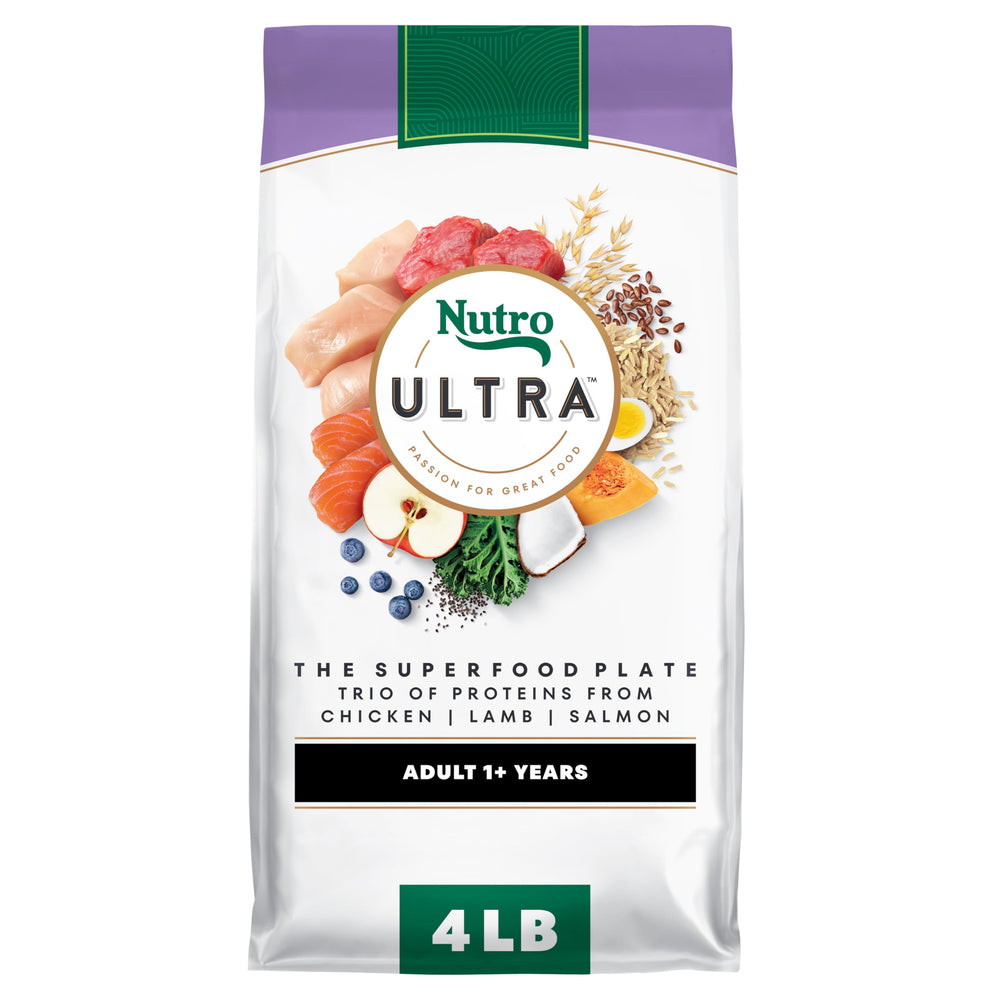 Nutro Ultra Dry Dog Food trio-proteins bag showcases lean muscle support for adult dogs.