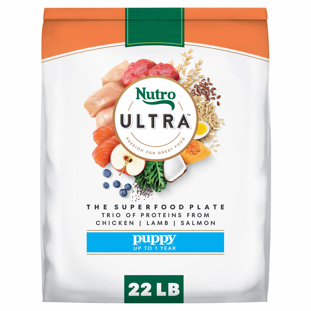 Nutro Ultra High Protein Puppy Food chicken lamb salmon kibble in a bowl for balanced energy