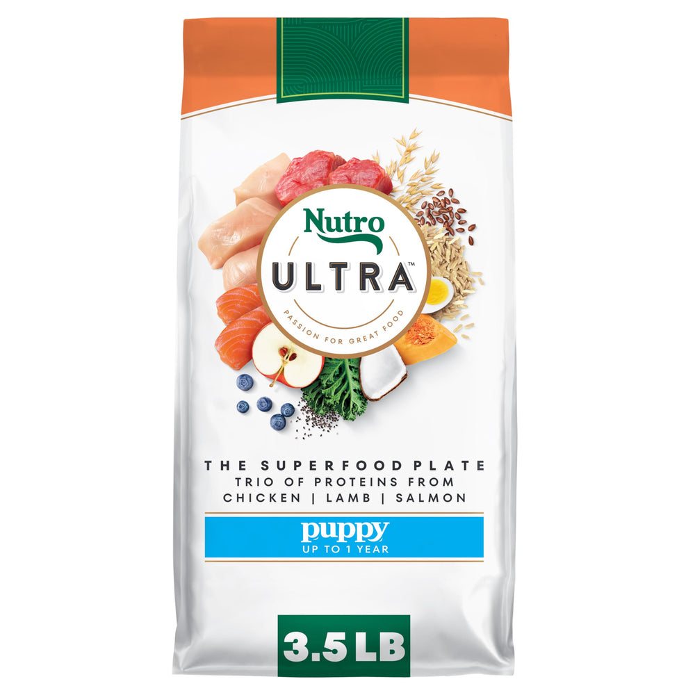 Nutro Ultra high protein puppy food bowl showing real chicken kibble for growing puppies
