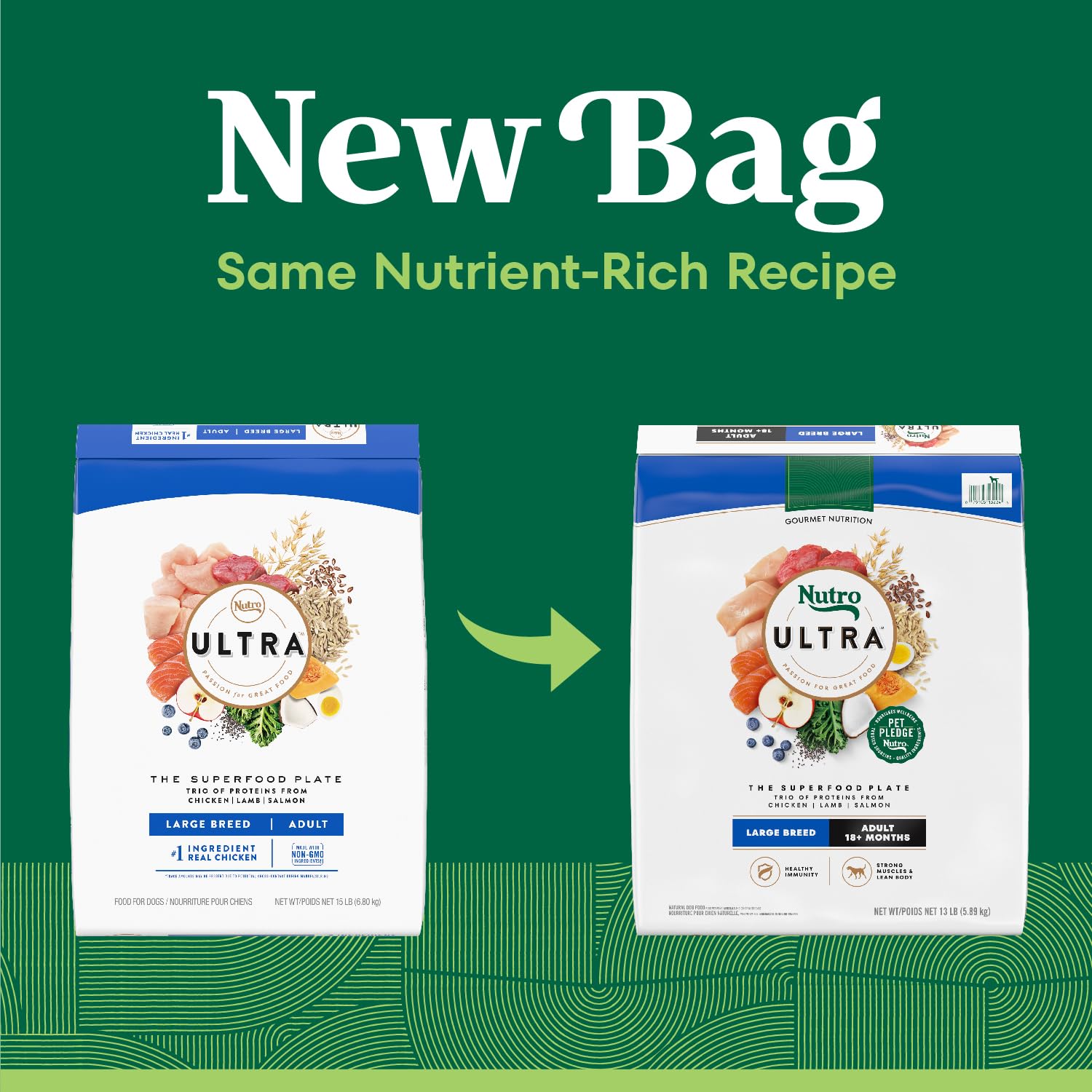 Nutro Ultra Large Breed kibble closeup highlights texture and quality protein.