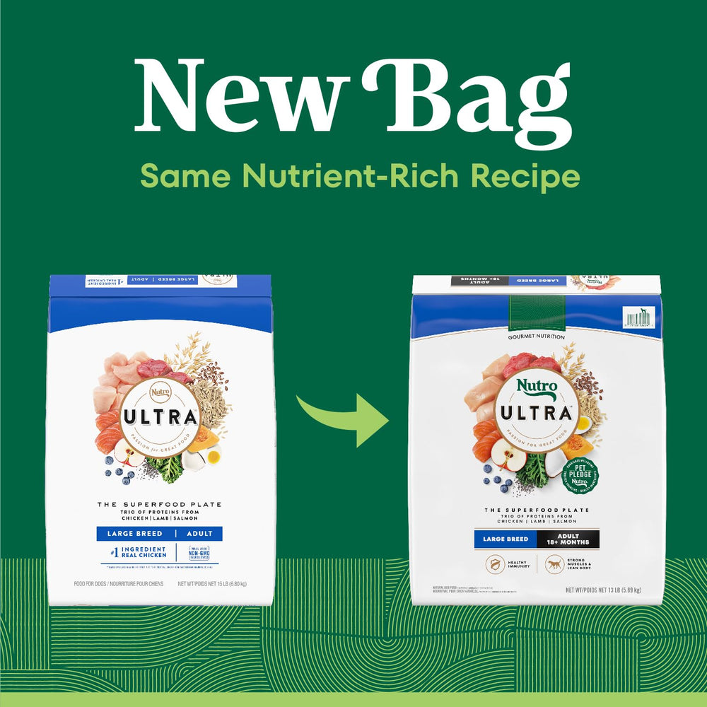 Nutro Ultra Large Breed kibble closeup highlights texture and quality protein.