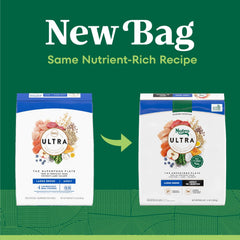 Nutro Ultra Large Breed kibble closeup highlights texture and quality protein.