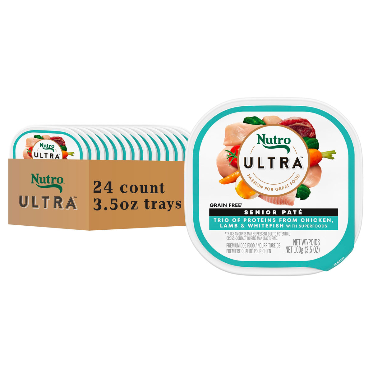 Nutro Ultra Senior Wet Dog Food chicken-lamb-whitefish pate tray front view for senior dogs.